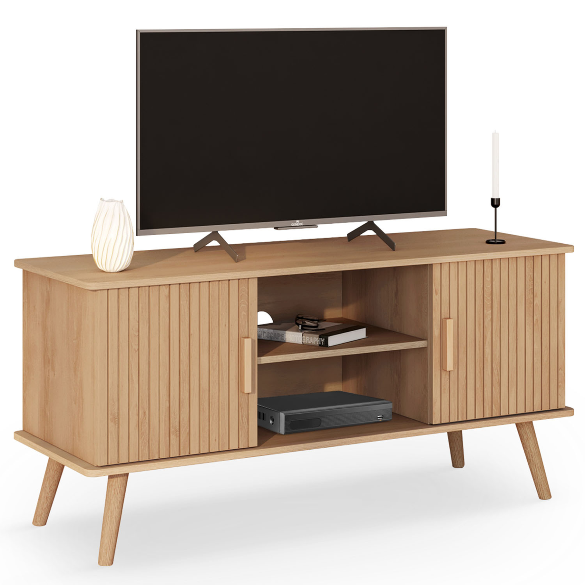 ID MARKET Meuble tv 110 cm juliette 2 portes lattes tasseau bois coloris chêne