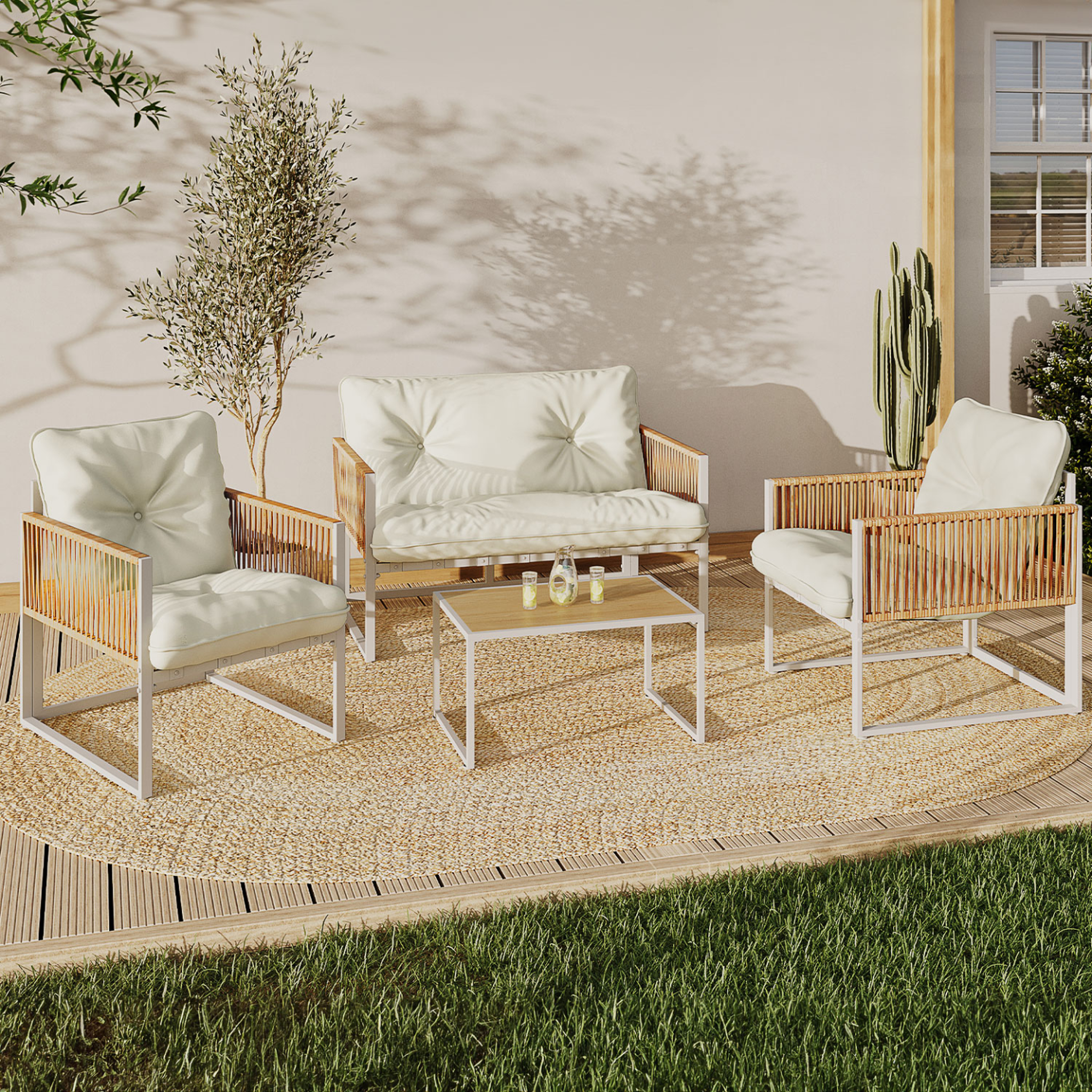 Voir la diapositive 2 : ID MARKET Salon de jardin bas rio 4 places structure métal blanc, cordage effet rotin clair et coussins beiges