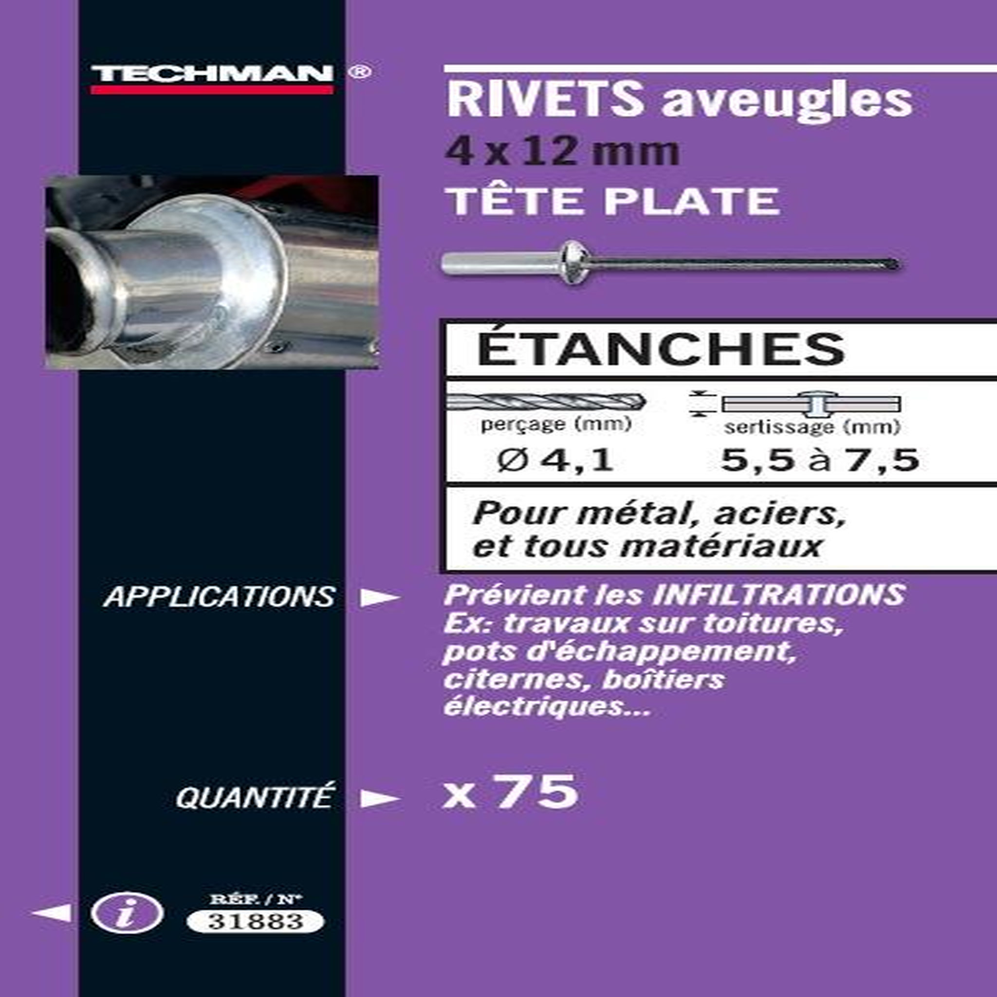 TECHMAN 75 rivets étanches alu/acier (tête plate) Ø 4 x 10 mm