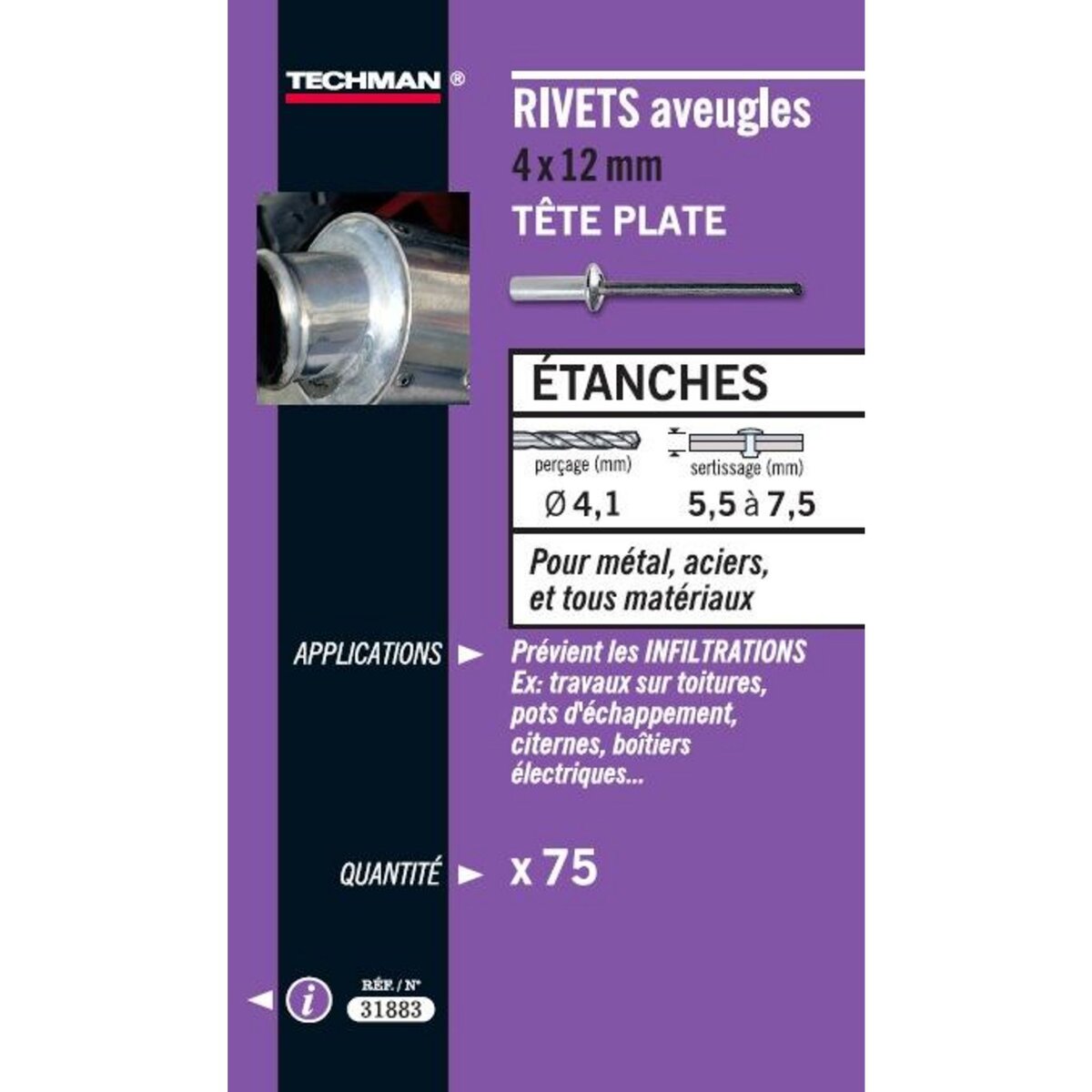 TECHMAN 75 rivets étanches alu/acier (tête plate) Ø 4 x 10 mm
