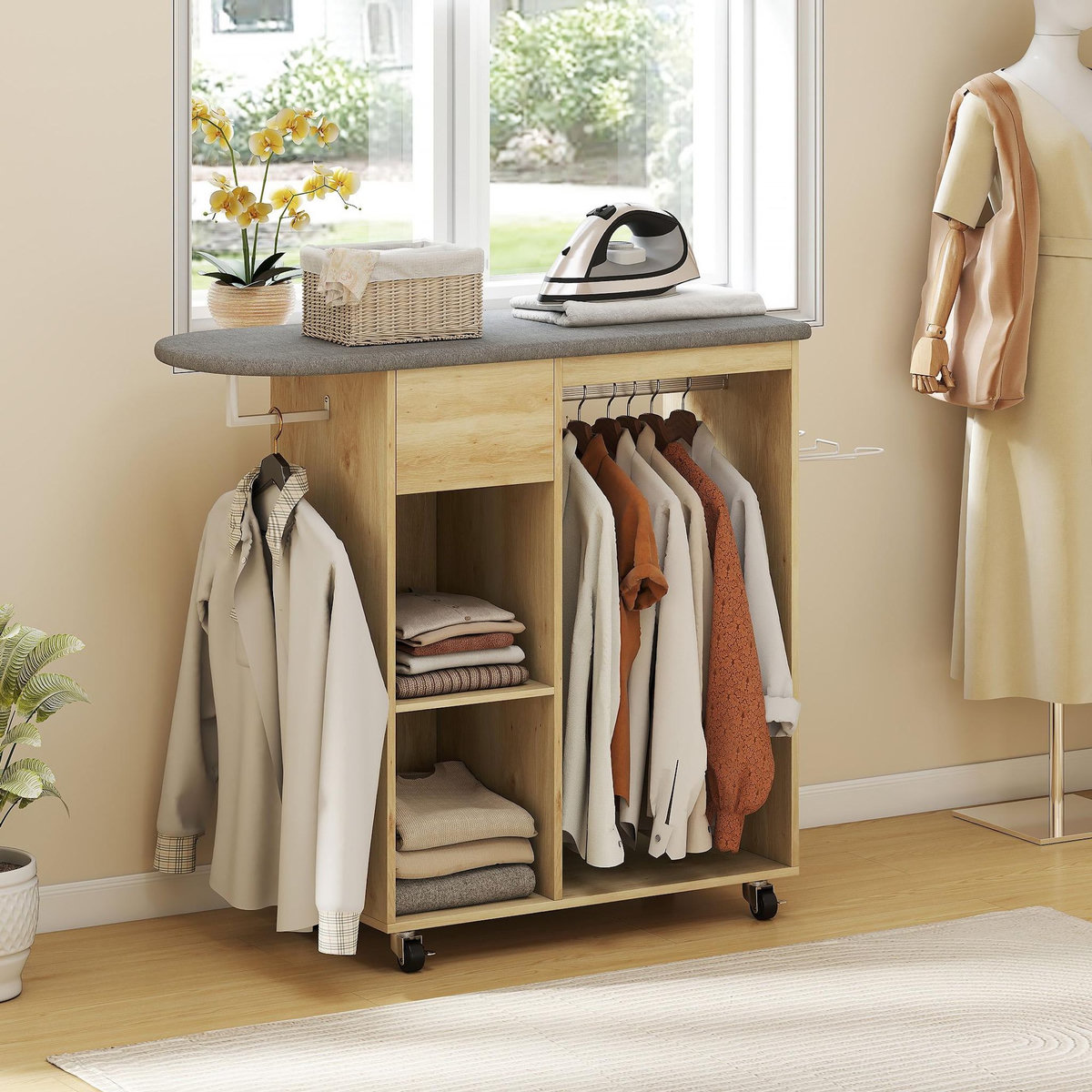 HOMCOM Table à repasser sur roulettes - 2 tringles, 2 niches, tiroir, support fer - toile planche incluse effet bois clair gris