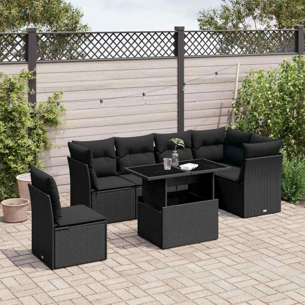 VIDAXL Salon de jardin 7 pcs avec coussins noir resine tressee