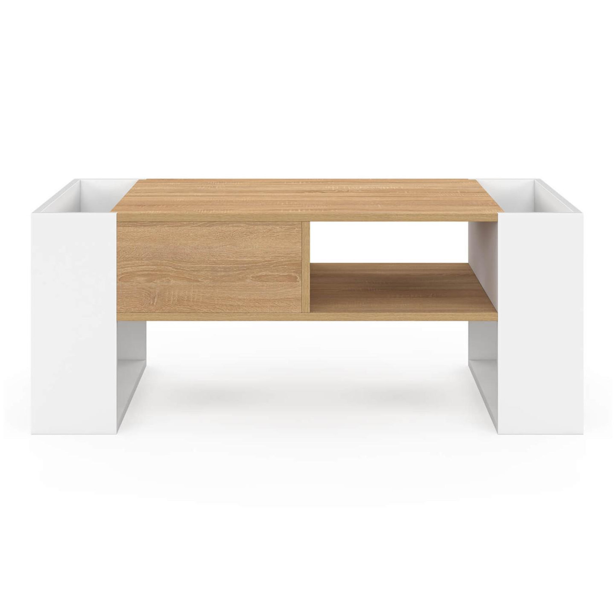 Voir la diapositive 3 : ID MARKET Table basse rectangulaire beryl avec tiroir bois blanc et façon hêtre