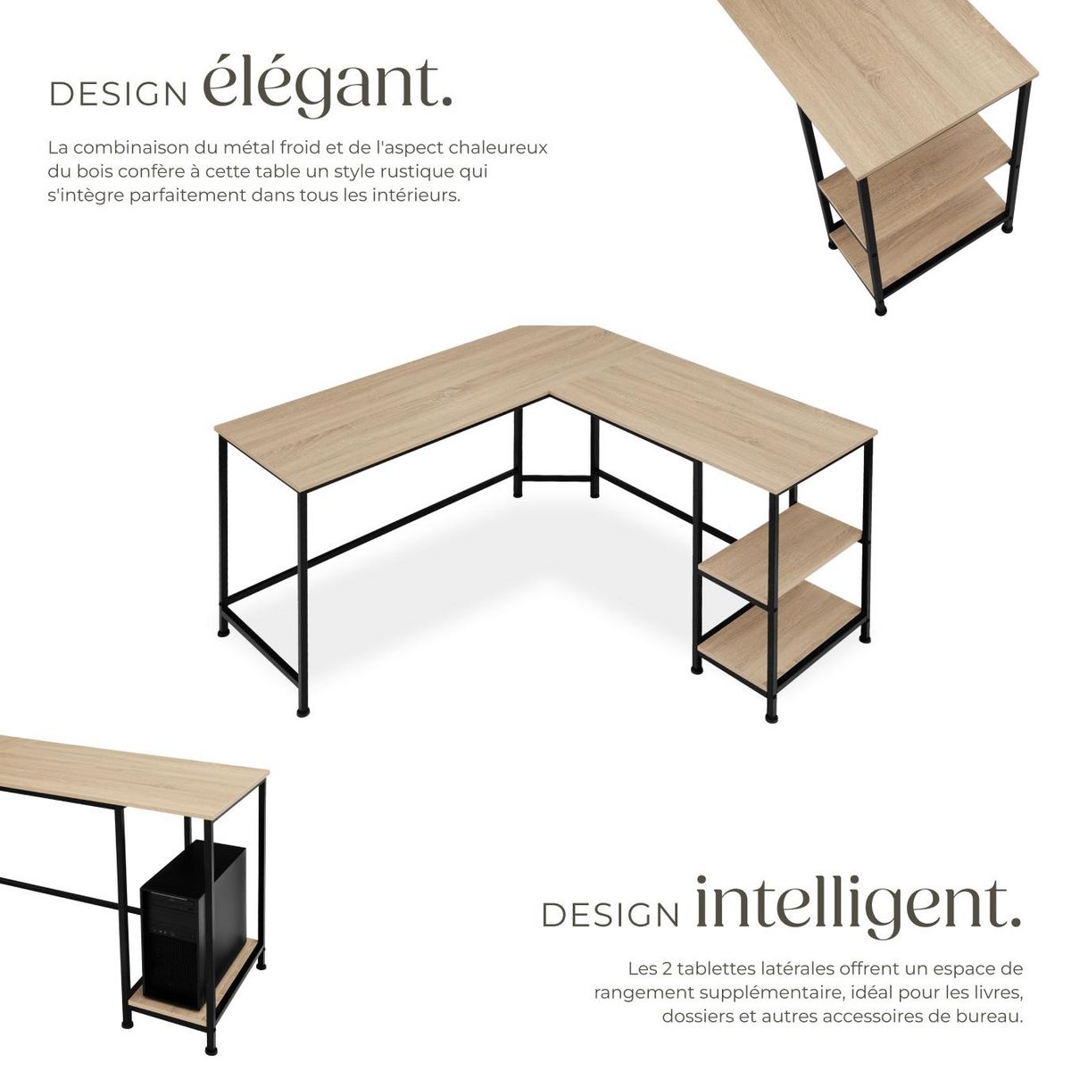 tectake Bureau Style industriel Étagère latérale avec 2 compartiments de stockage