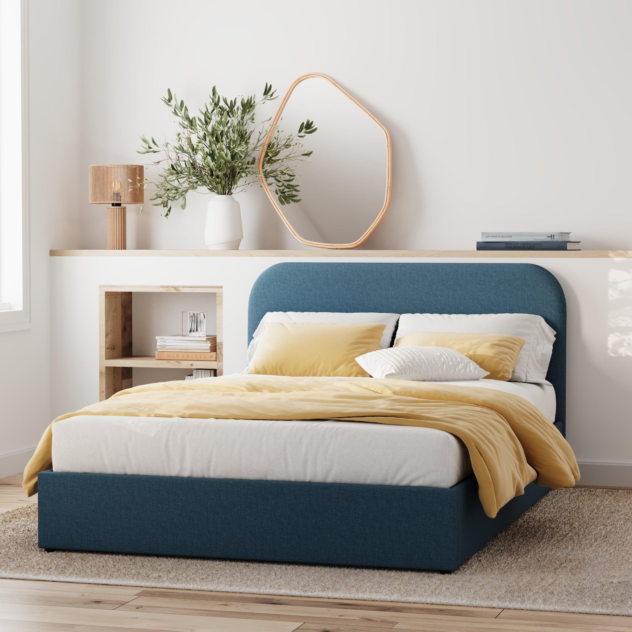 Voir la diapositive 2 : MAISON PAVANE Lit double avec coffre 140x190 cm en tissu bleu-tilly