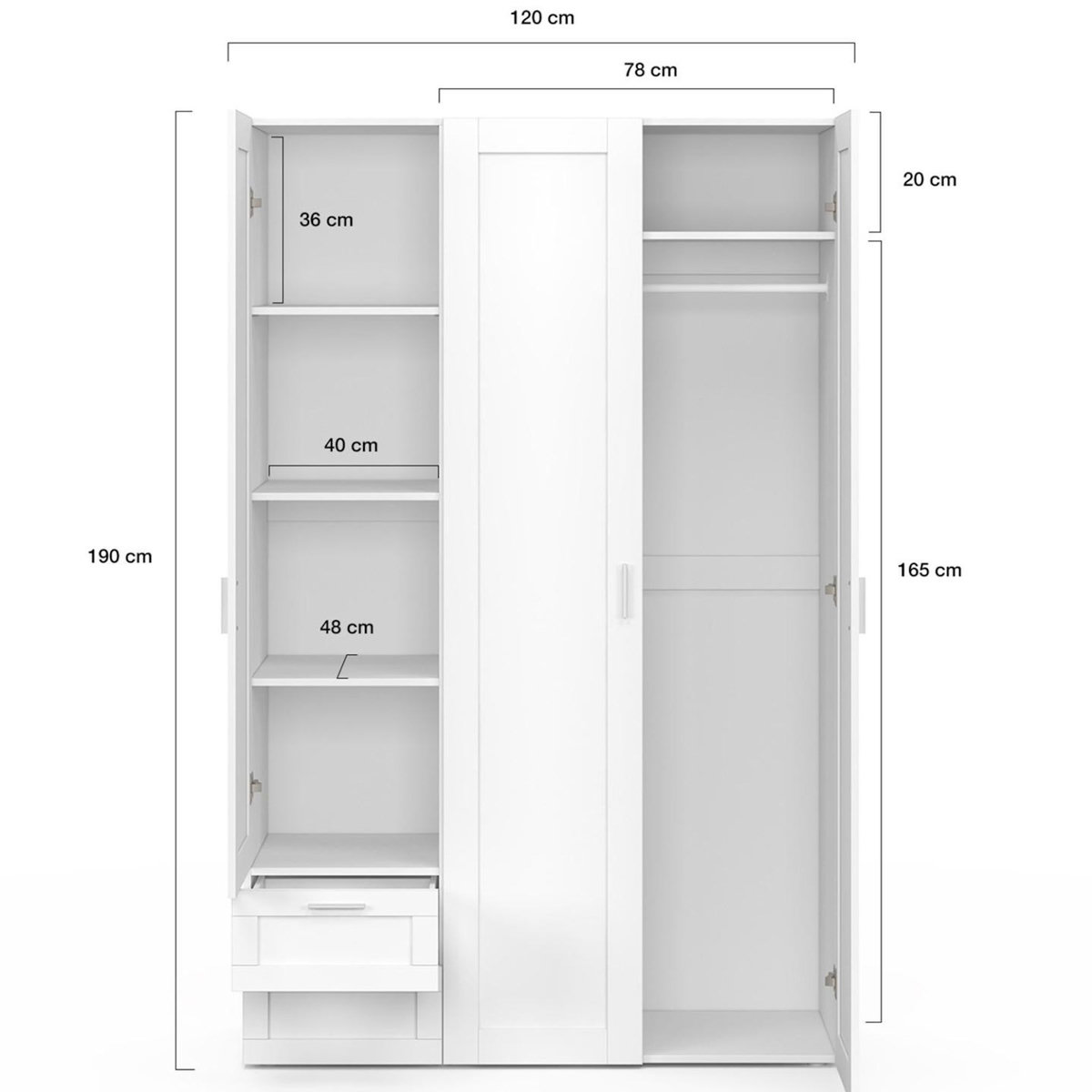 ID MARKET Armoire 3 portes VITO blanc penderie 120 cm avec 2 tiroirs et étagères