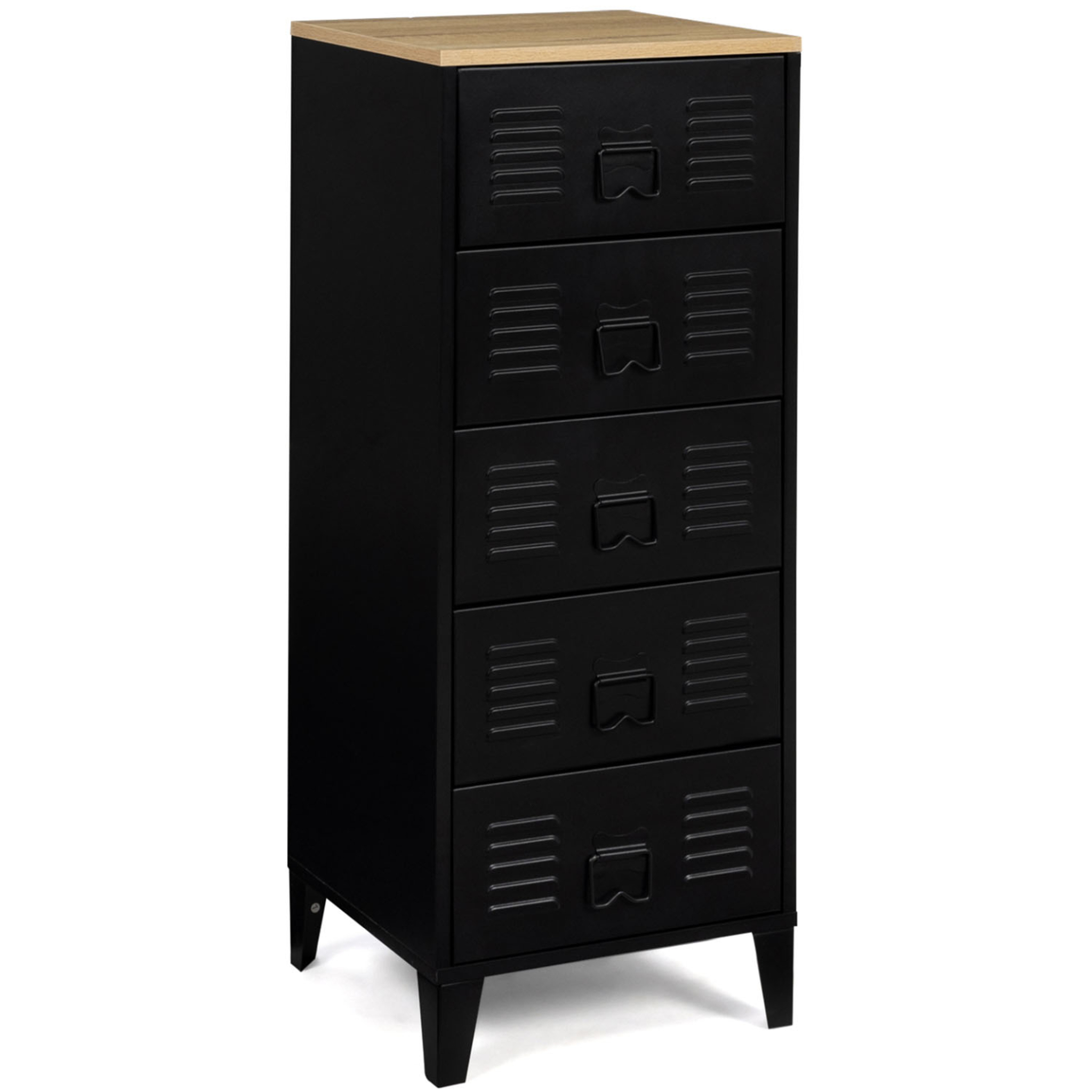 ID MARKET Chiffonnier 5 tiroirs ester 40x40x100 cm métal noir et plateau façon hêtre design industriel