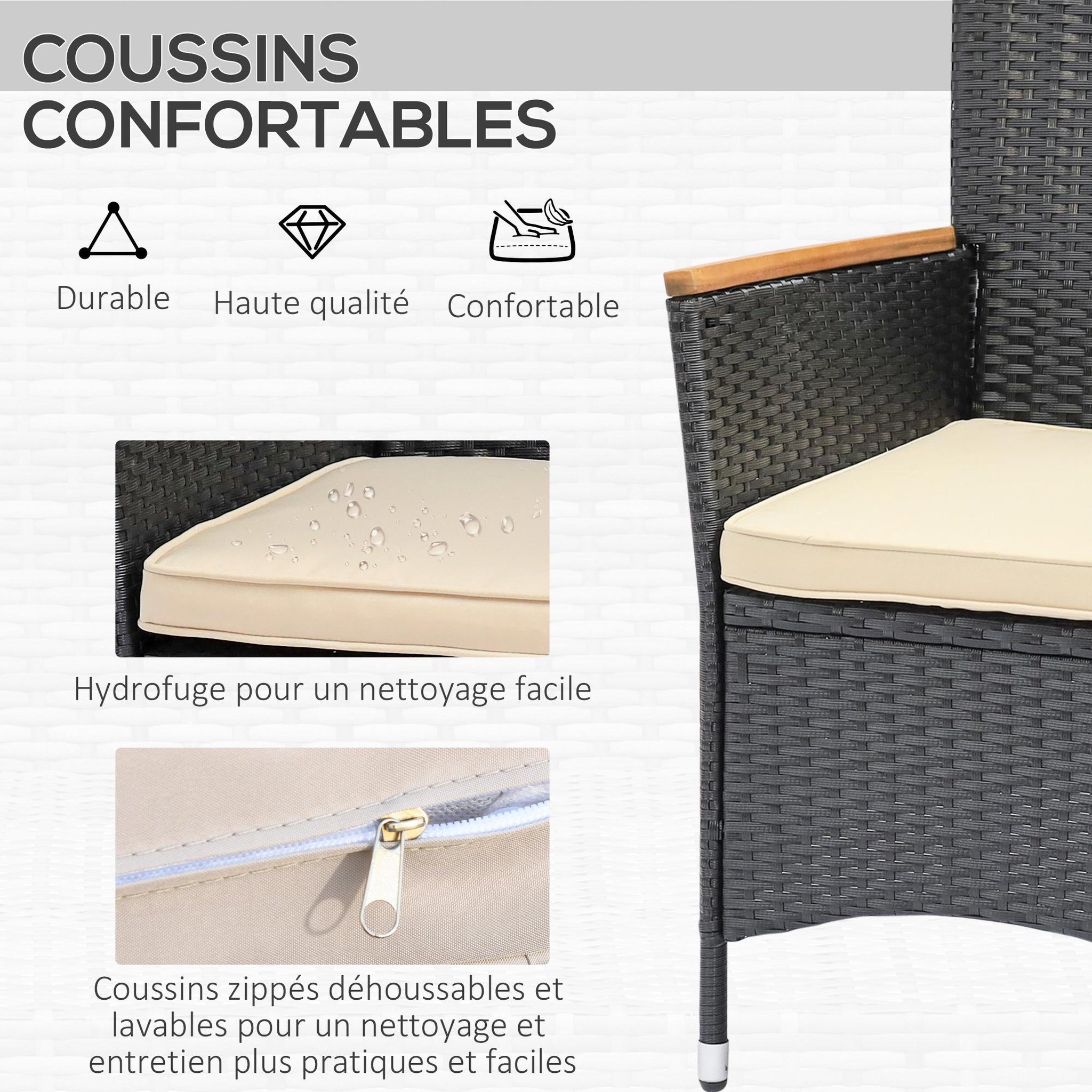 Voir la diapositive 4 : OUTSUNNY Ensemble salon de jardin 6 places style colonial coussins zippés déperlants résine tressée 4 fils bois d'acacia pré-huilé