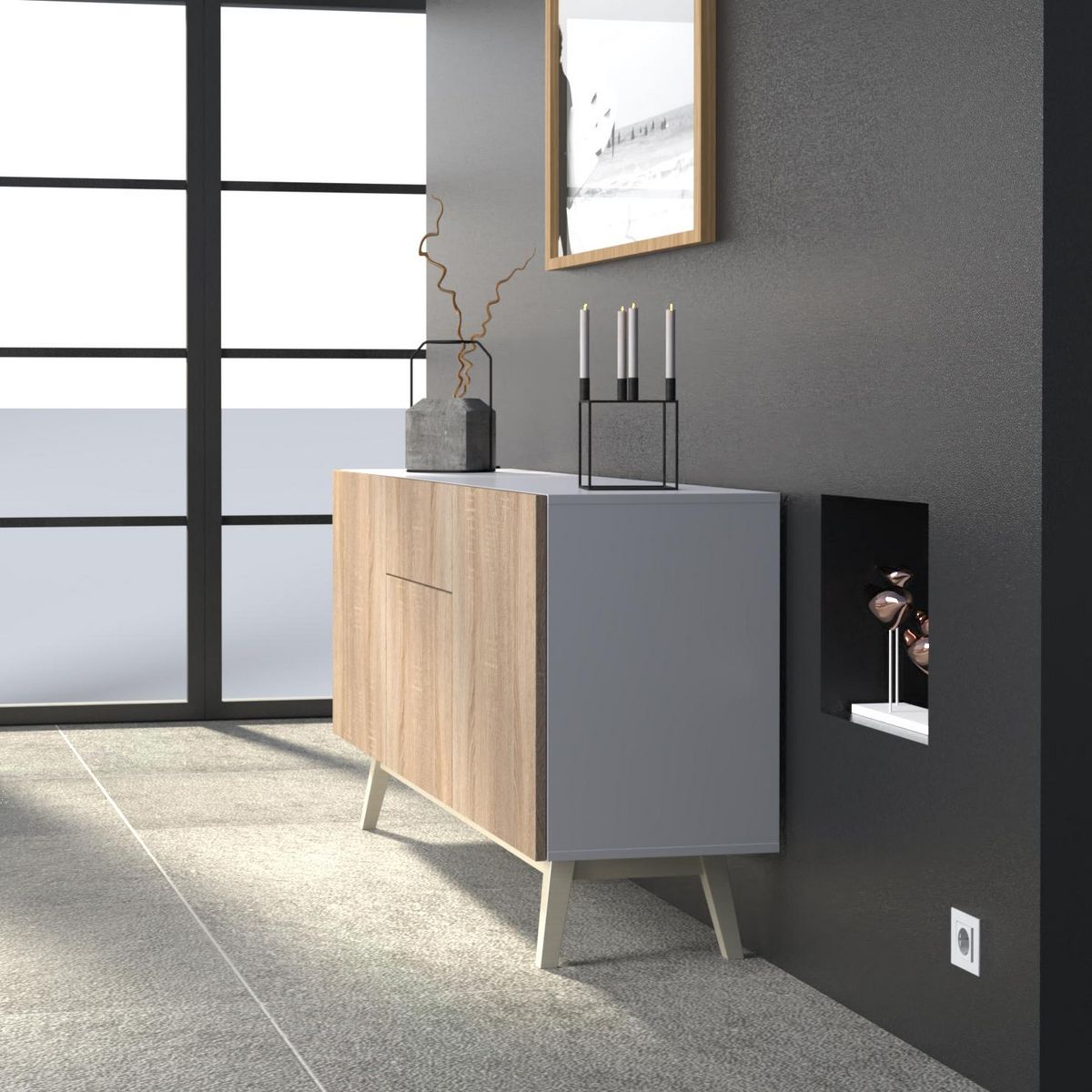 Bahut scandinave 3 portes 1 tiroir L180xP42xH80cm SNOW