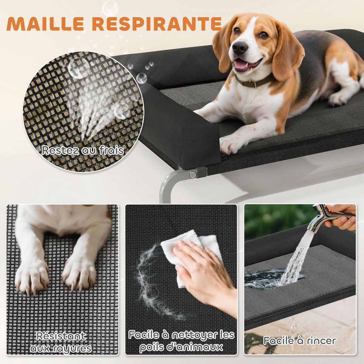 PAWHUT Transat pour animaux - lit pour chien - lit à pieds pour chien avec contour coussin dim. 110 x 75 x 30 cm - noir