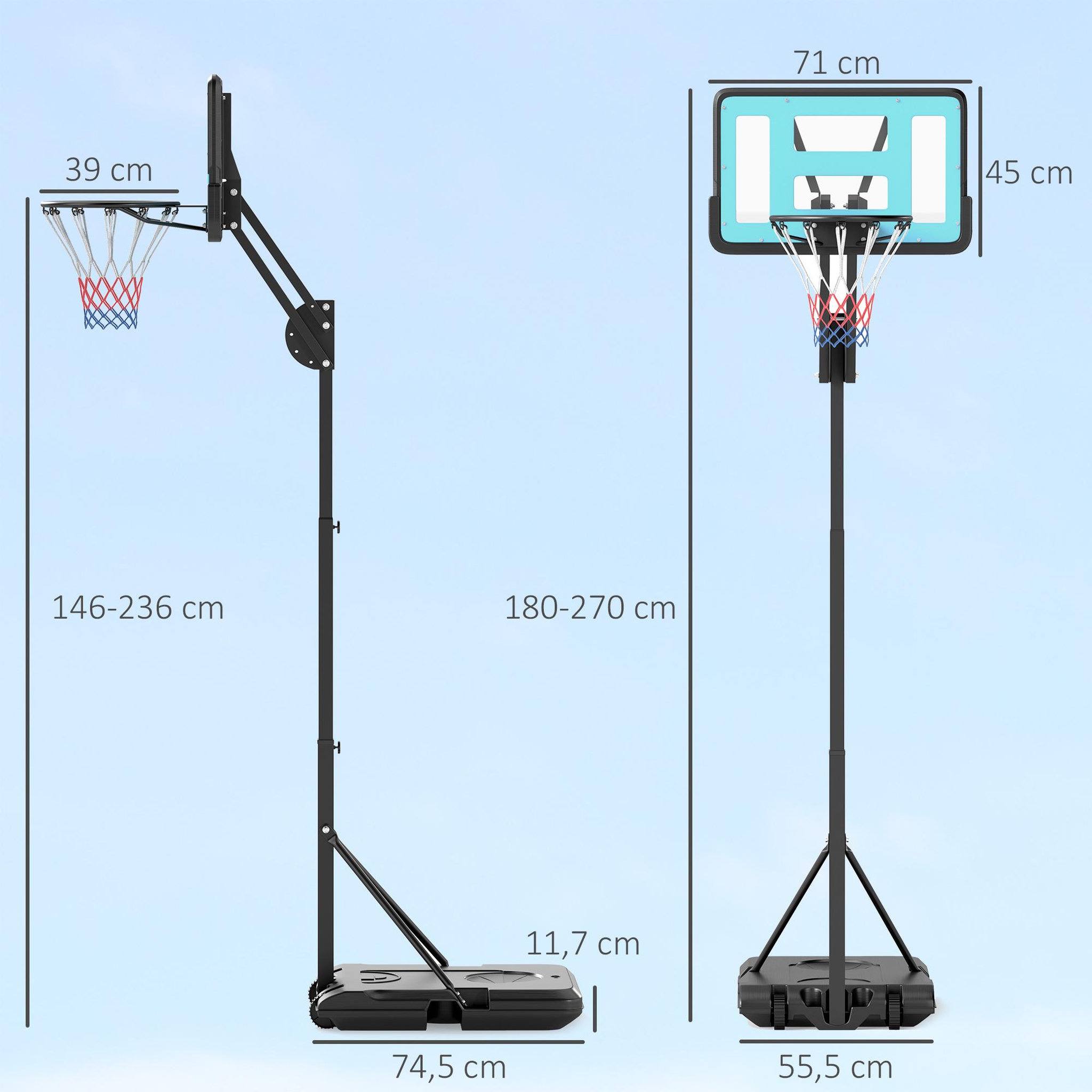 Voir la diapositive 3 : HOMCOM Panier de basketball sur pied hauteur réglable h.146-236 cm lestage roulettes bleu noir