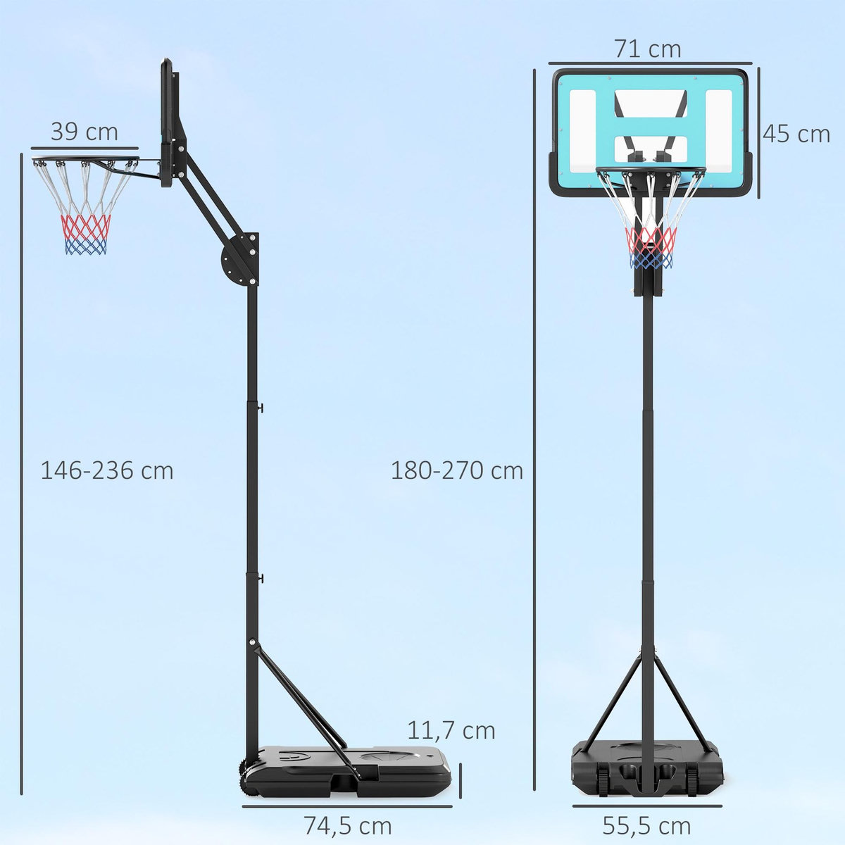 HOMCOM Panier de basketball sur pied hauteur réglable H.146-236 cm lestage roulettes bleu noir