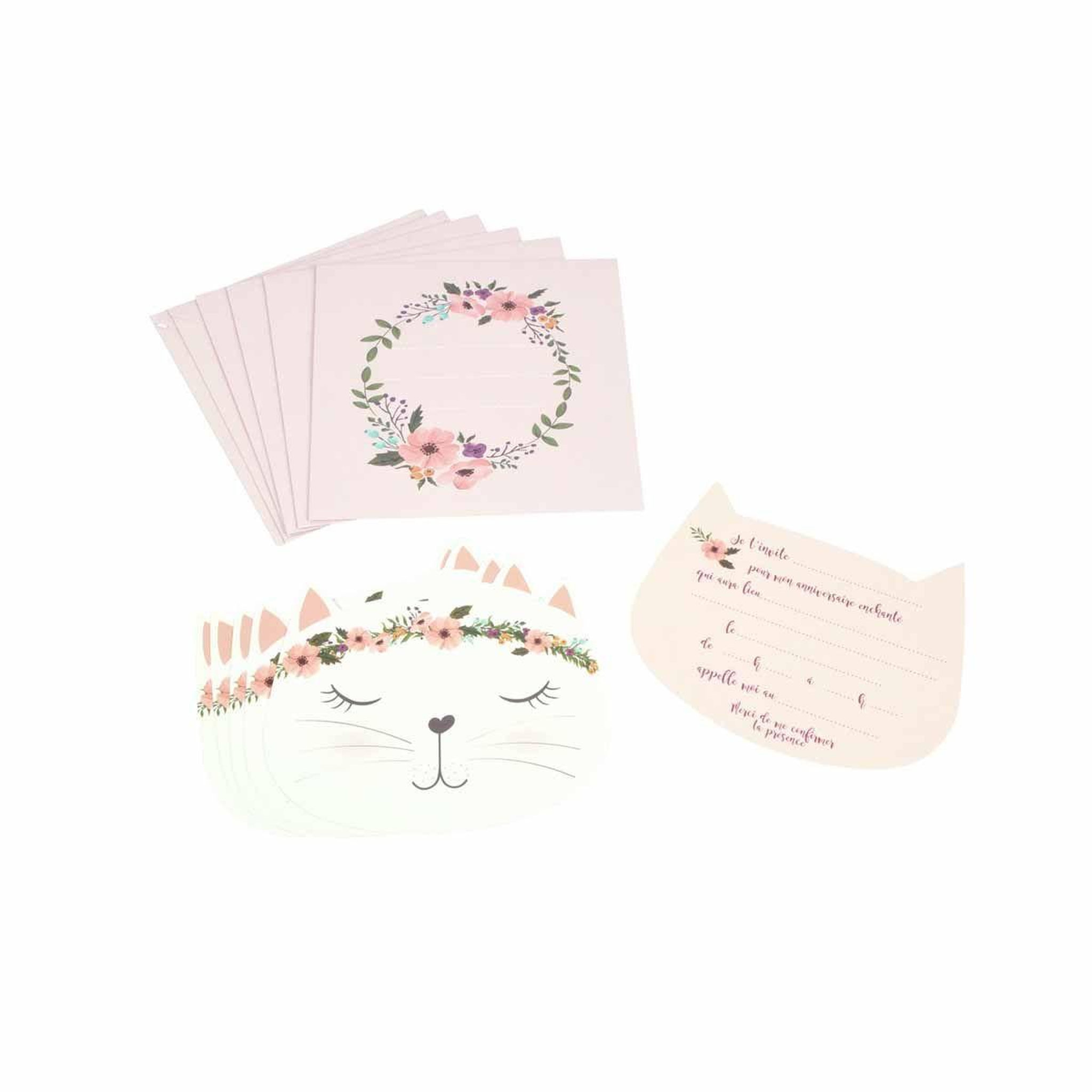 RIRE & CONFETTI Lot de 6 Invitations d'Anniversaire  Boho Chat  14cm Rose