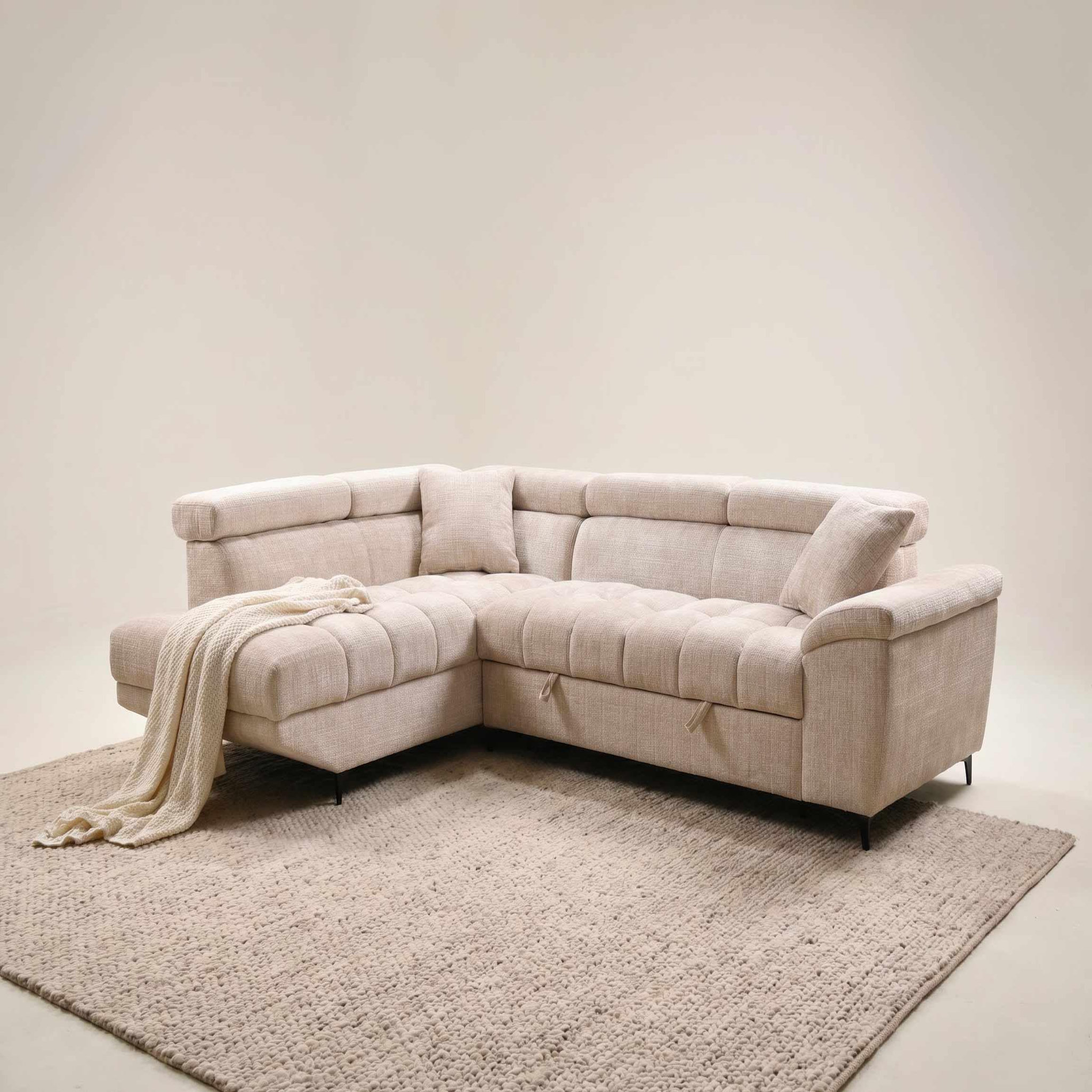 Voir la diapositive 2 : BEST MOBILIER Camille - canapé d'angle gauche 5 places convertible avec têtières et coffre en velours texturé