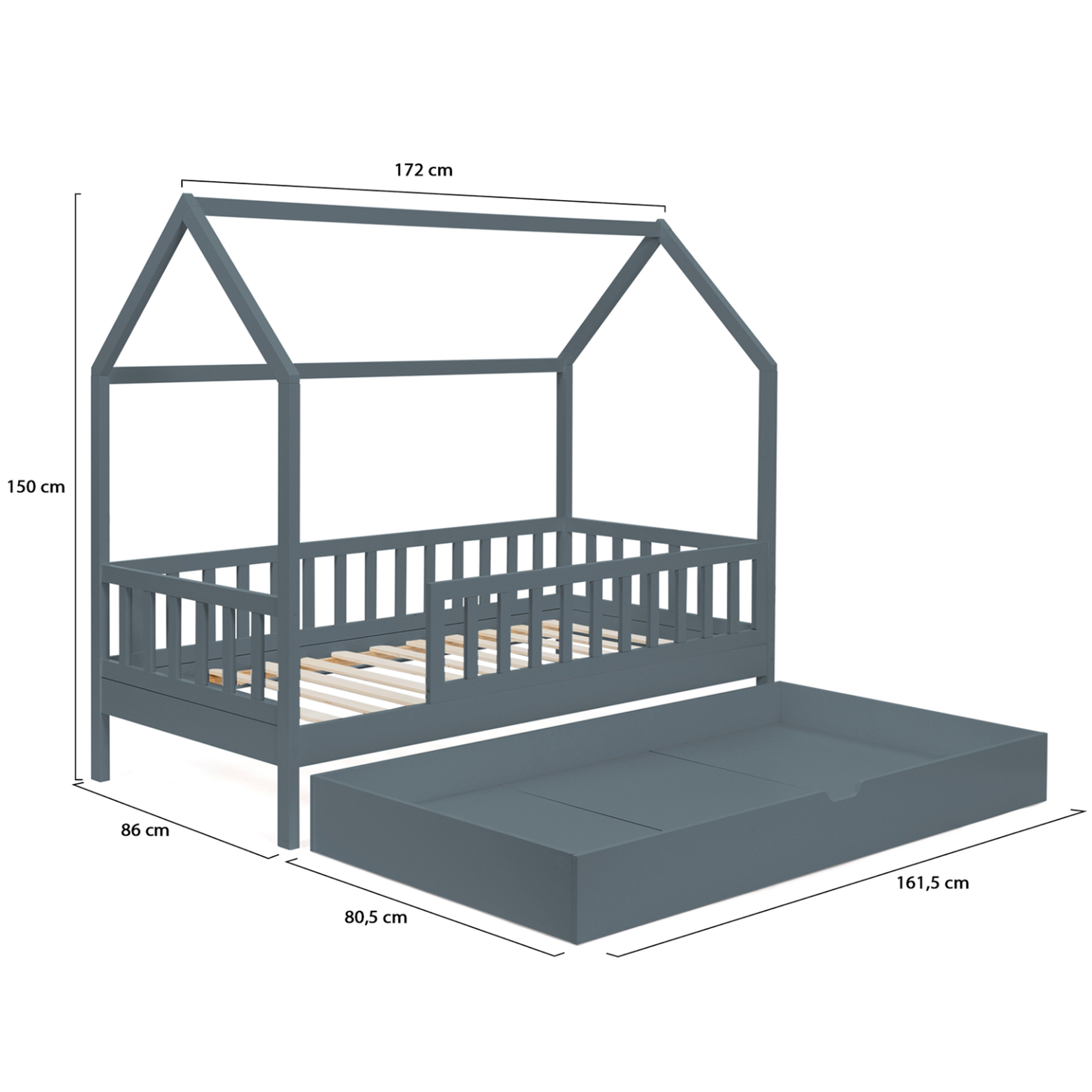 Voir la diapositive 6 : ID MARKET Lit cabane enfant 80 x 160 cm neree gris avec 1 tiroir gigogne et de rangement