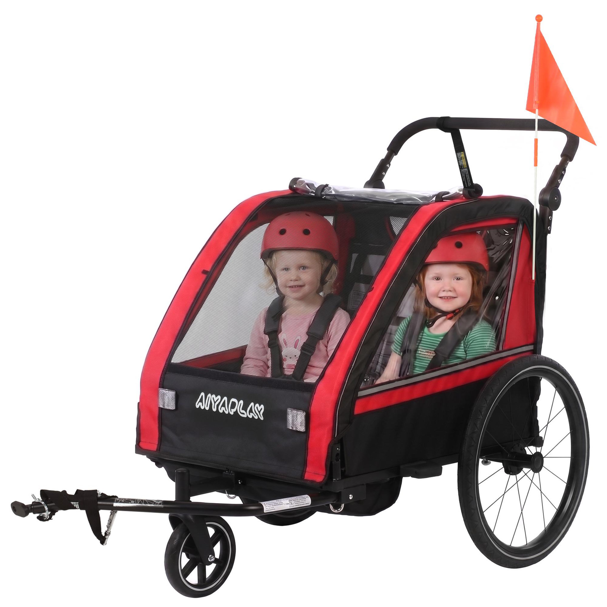 Voir la diapositive 5 : HOMCOM Remorque vélo jogger 2 en 1 pour enfant drapeau roue avant pivotante réflecteurs et barre d'attelage inclus rouge noir