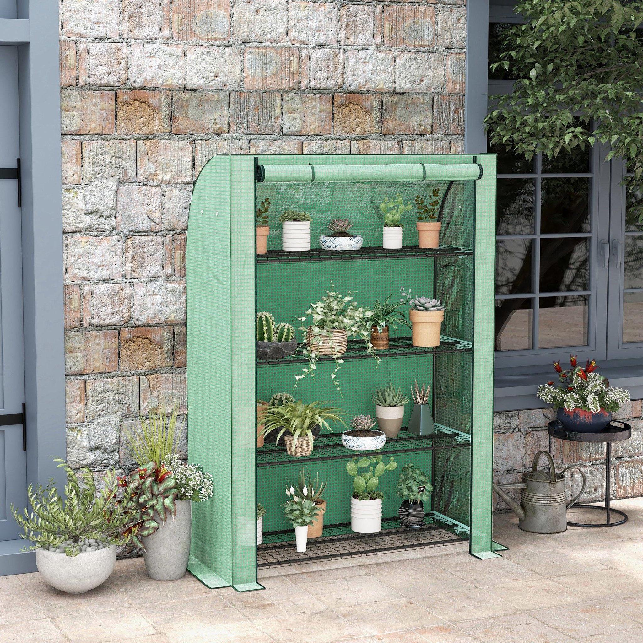 Voir la diapositive 4 : OUTSUNNY Mini serre de jardin serre de balcon serre à 4 étages avec châssis en acier & bâche en pe renforcée, intérieur et extérieur portable porte enroulable, 120 x 50 x 170 cm, vert