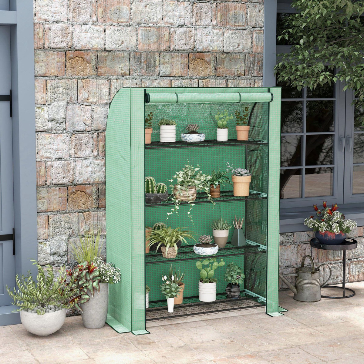 OUTSUNNY Mini serre de jardin serre de balcon serre à 4 étages avec châssis en acier & bâche en PE renforcée, intérieur et extérieur portable porte enroulable, 120 x 50 x 170 cm, vert