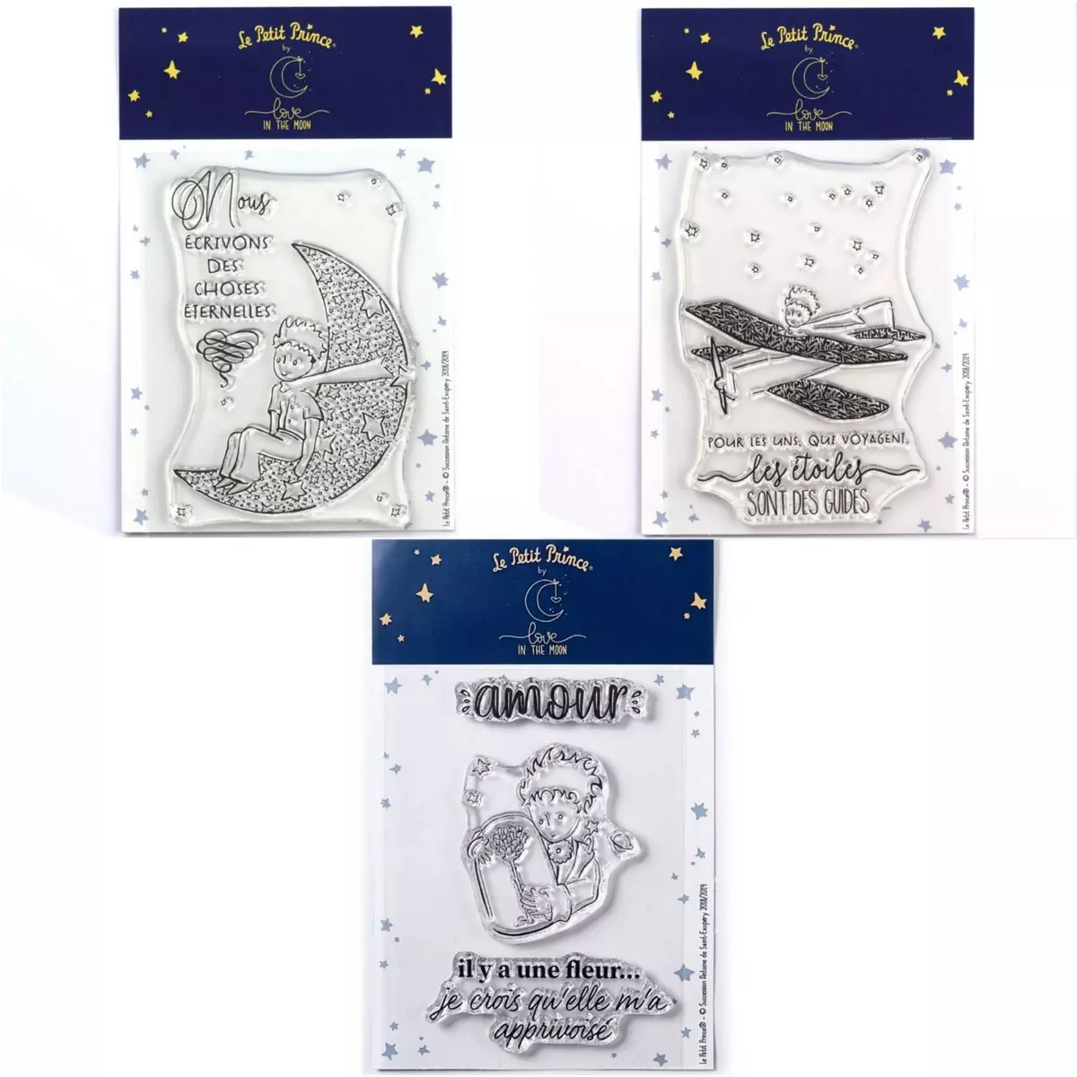  5 Tampons transparents Le Petit Prince et la Lune + son Avion + Fleur