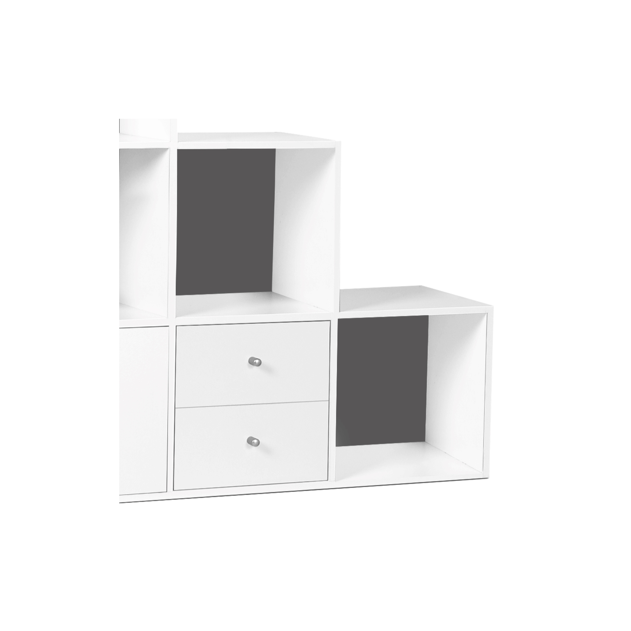 Voir la diapositive 4 : ID MARKET Meuble de rangement en escalier liam 3 niveaux bois blanc fond gris avec porte et tiroirs