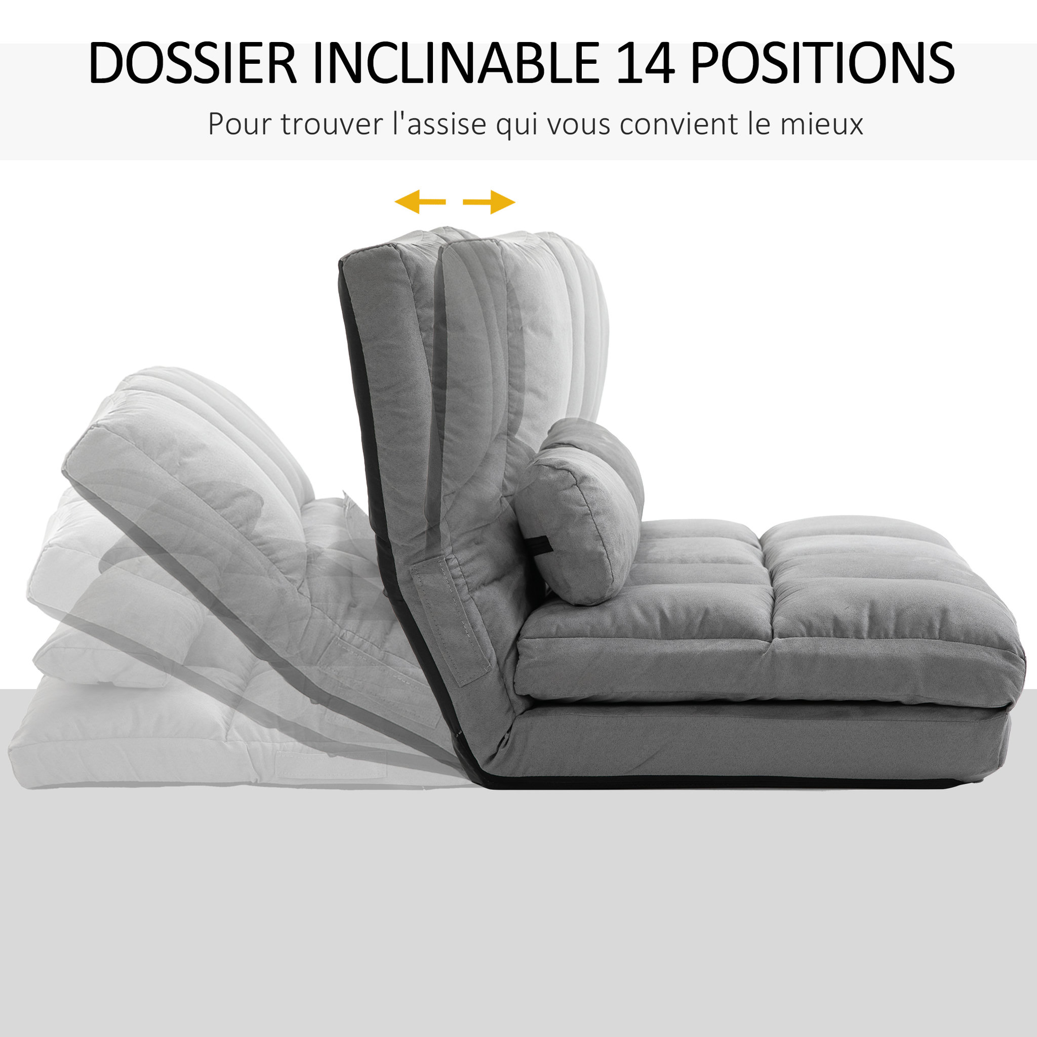 Voir la diapositive 4 : HOMCOM Chauffeuse - matelas d'appoint pliant - fauteuil convertible - inclinaison dossier réglable 14 positions - 2 coussins inclus - polyester aspect suédé gris
