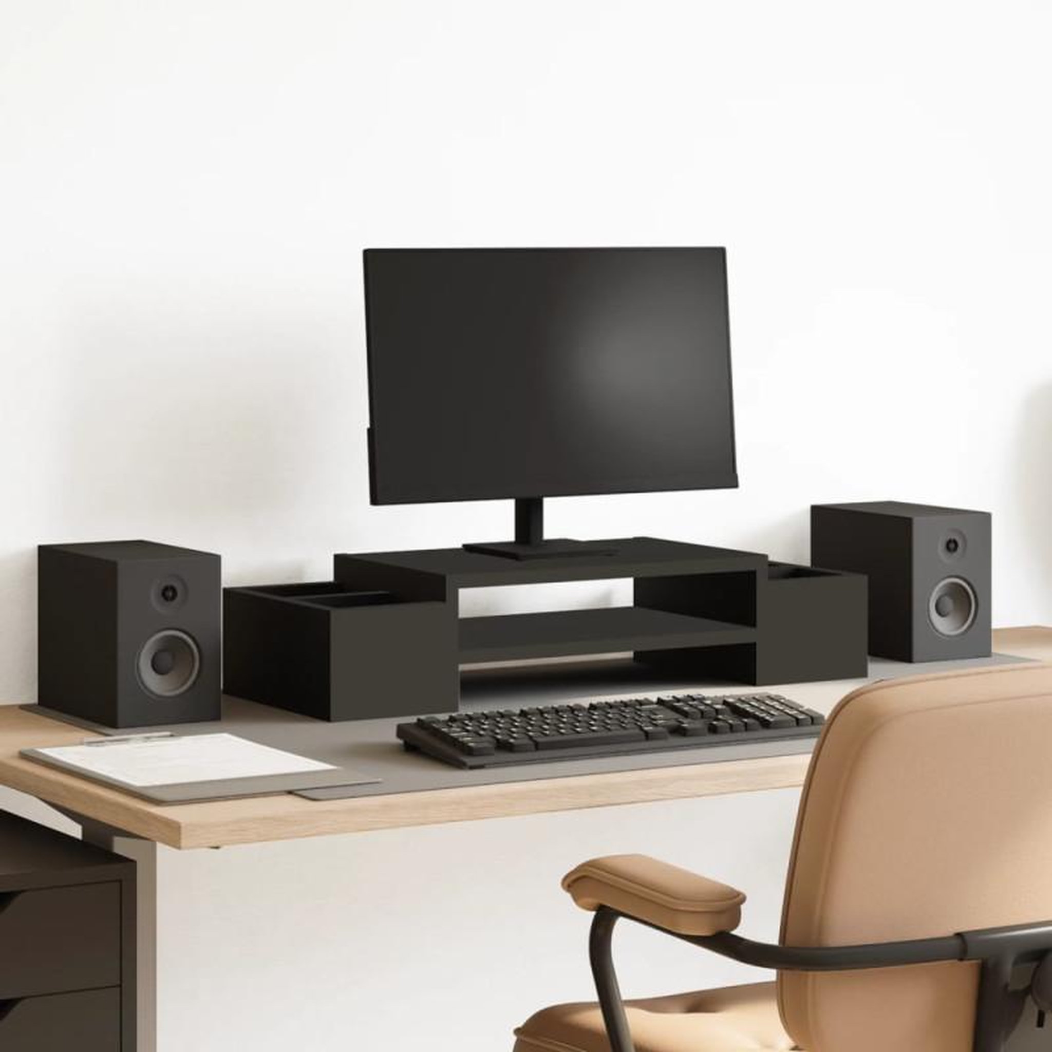 Voir la diapositive 1 : VIDAXL Support de moniteur avec rangement noir bois d ingénierie