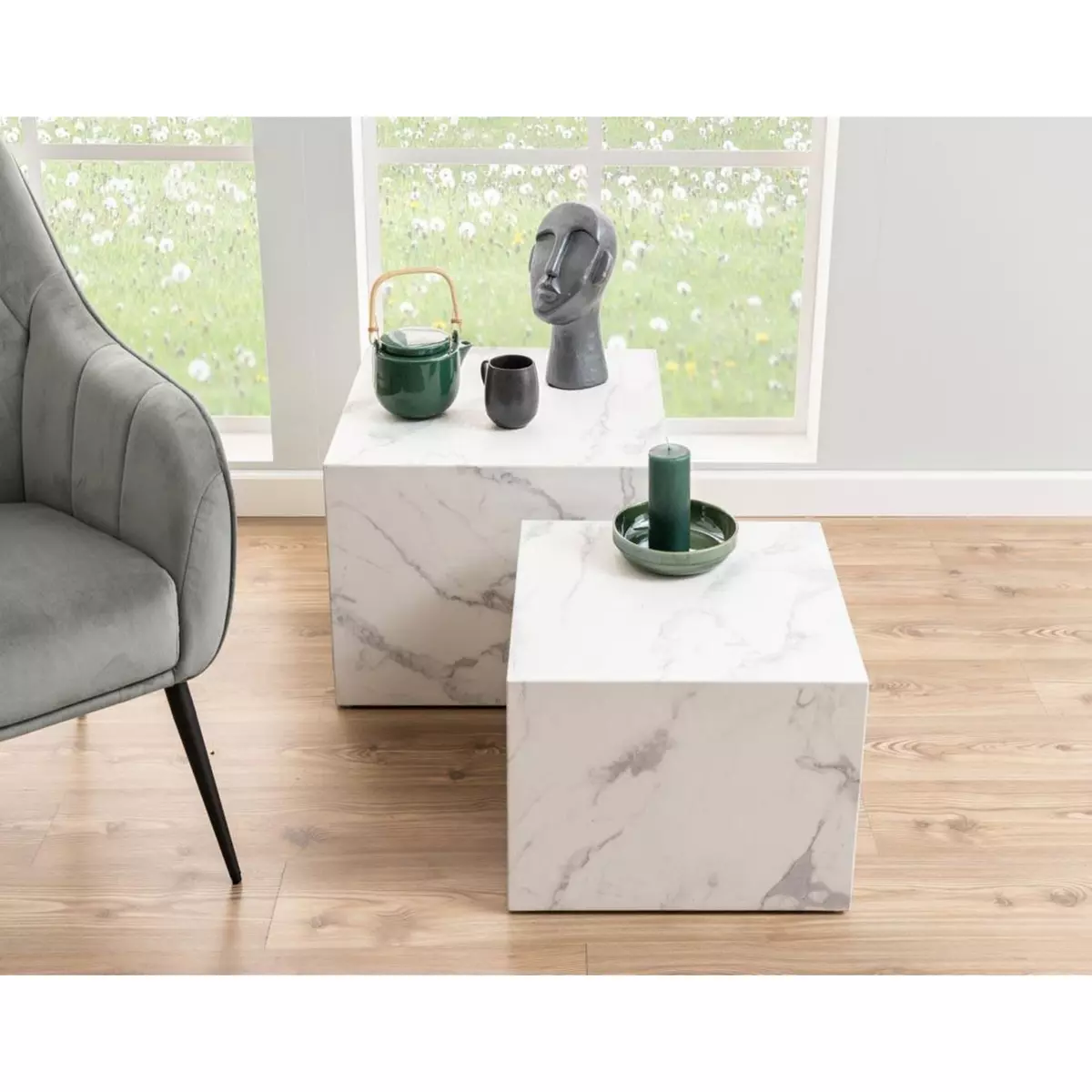 LISA DESIGN Pueblo - lot de deux tables basses - effet marbre blanc - 58 et 50 cm - blanc