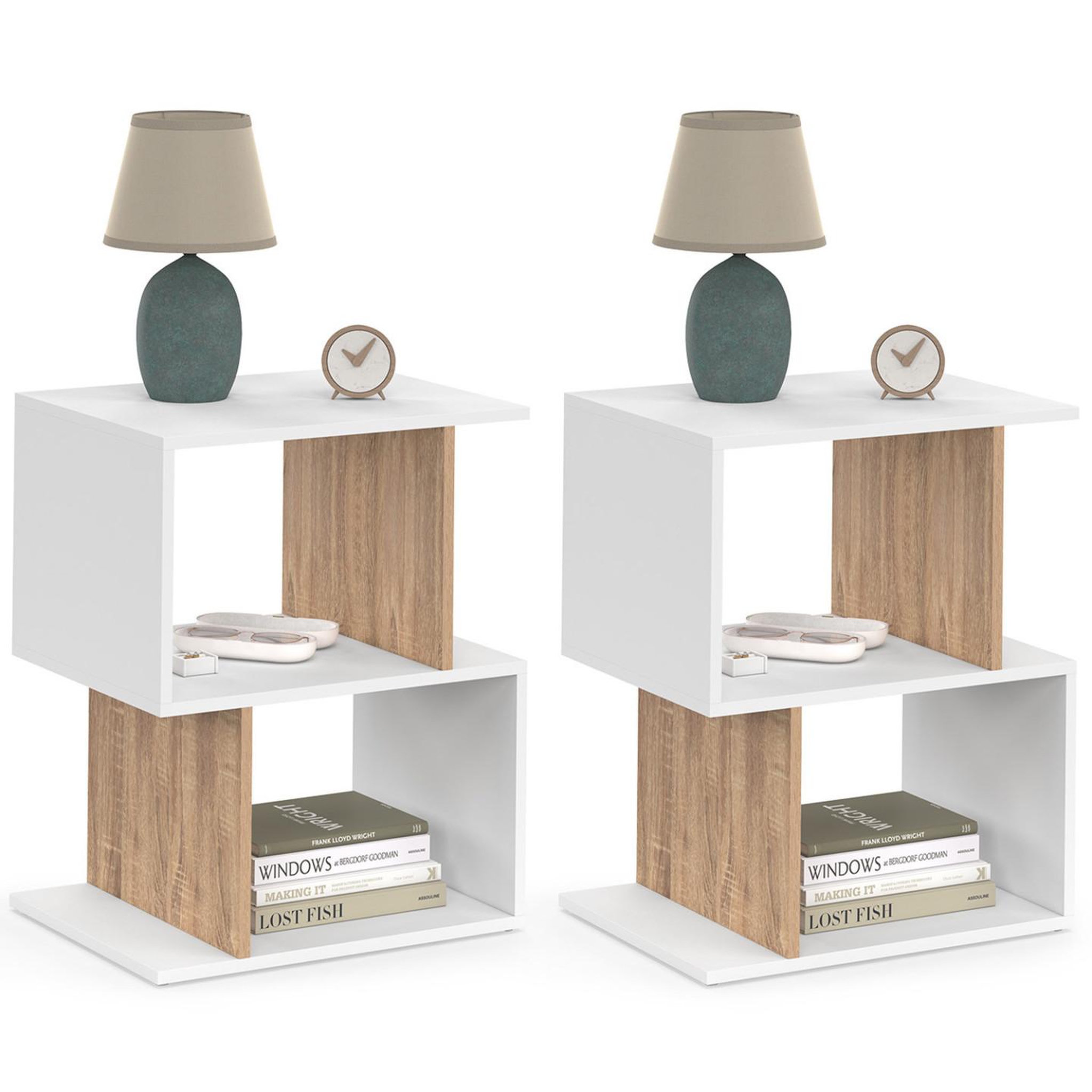 ID MARKET Lot de 2 tables de chevet sofia forme s avec rangements ouverts blanc et effet hêtre