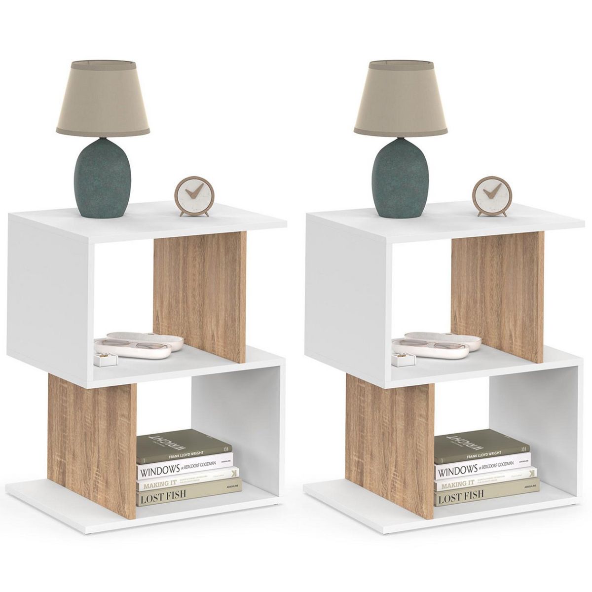 ID MARKET Lot de 2 tables de chevet SOFIA forme S avec rangements ouverts blanc et effet hêtre