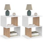 ID MARKET Lot de 2 tables de chevet SOFIA forme S avec rangements ouverts blanc et effet hêtre