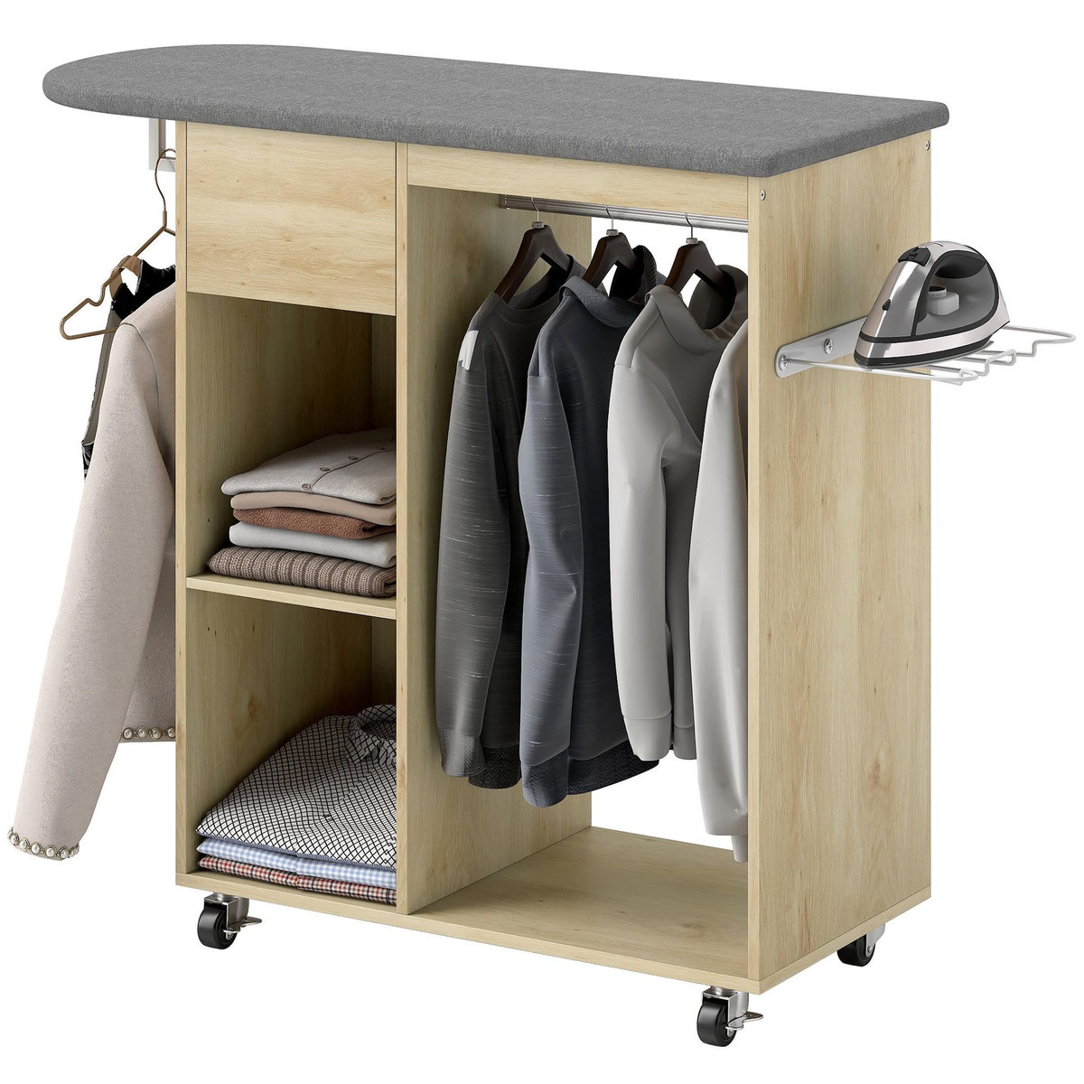 HOMCOM Table à repasser sur roulettes - 2 tringles, 2 niches, tiroir, support fer - toile planche incluse effet bois clair gris