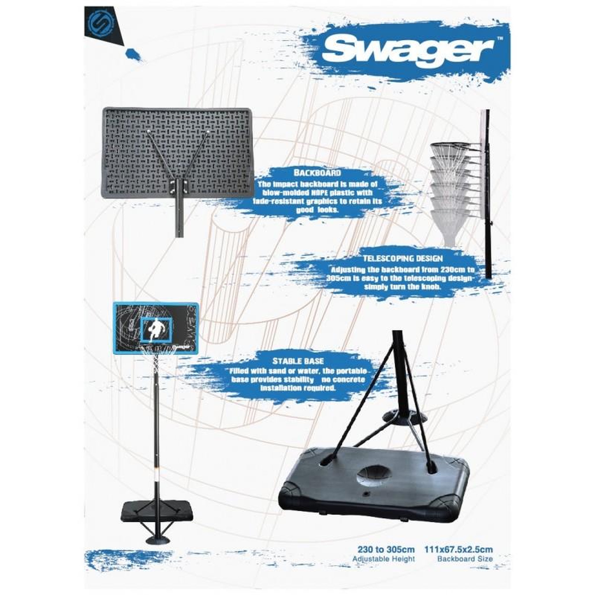Voir la diapositive 4 : SWAGER Panier de Basketball sur Pied Mobile   The Glider  Hauteur Réglable de 2,30m à 3,05m