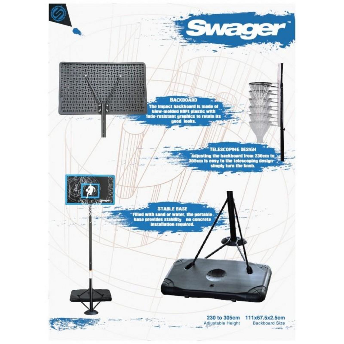 SWAGER Panier de Basketball sur Pied Mobile   The Glider  Hauteur Réglable de 2,30m à 3,05m