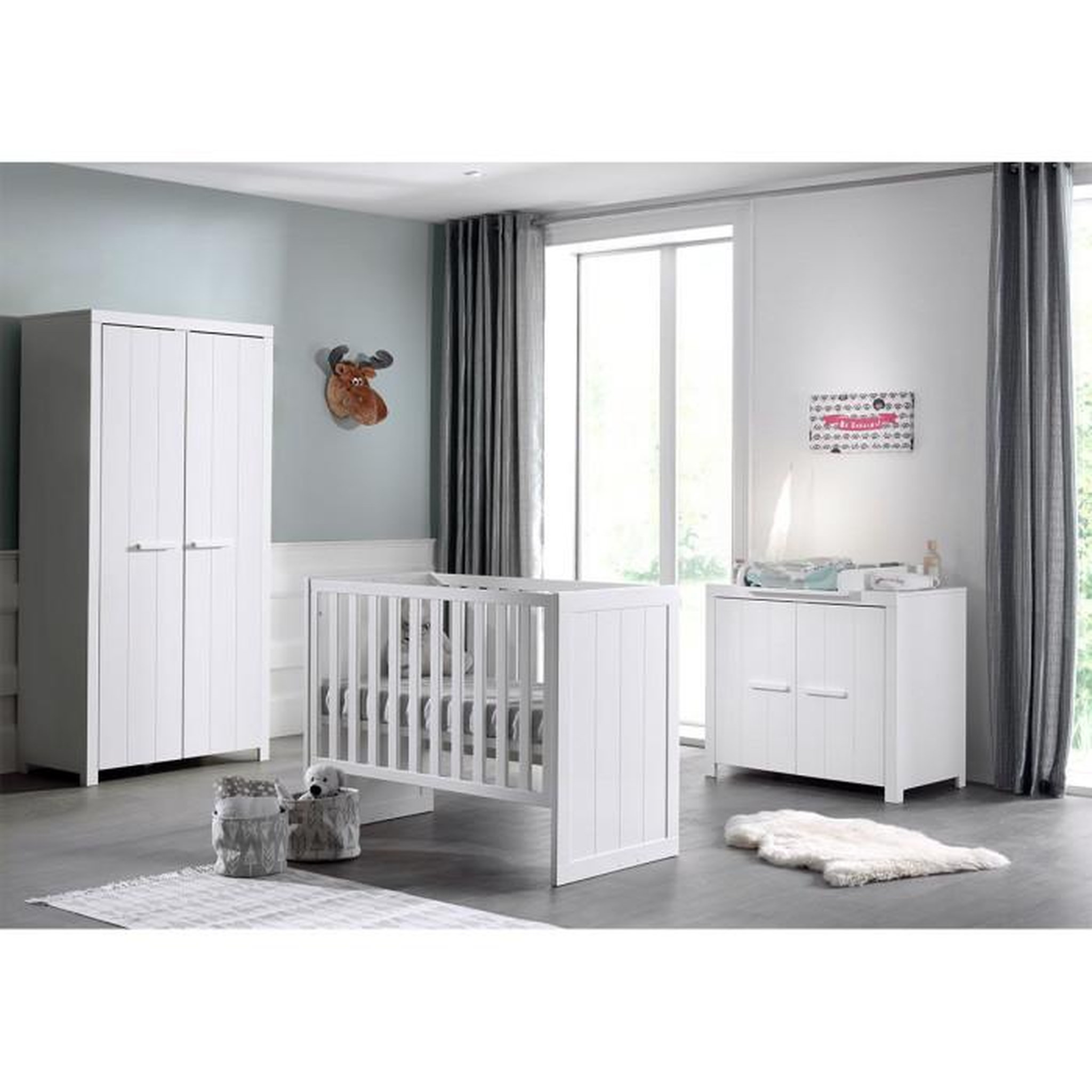 Paris Prix Pack - Lit Bébé 60x120cm, Commode & Armoire  Erik I  Blanc