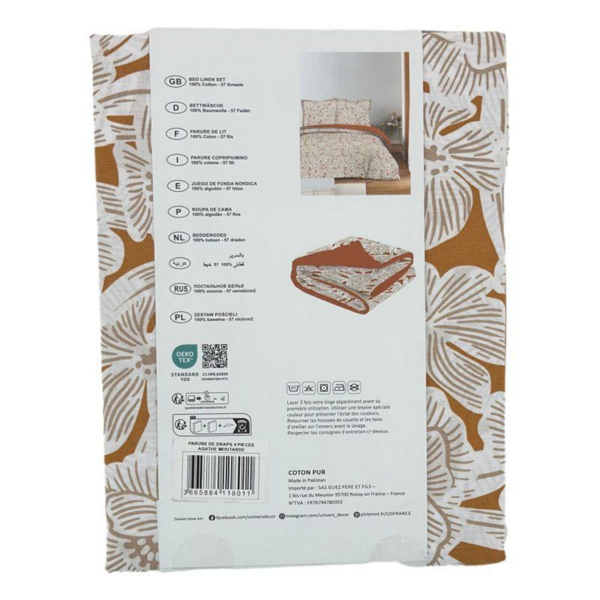 COTON PUR Parure de draps 4 pièces pour lit 140 x 190 cm Agathe moutarde