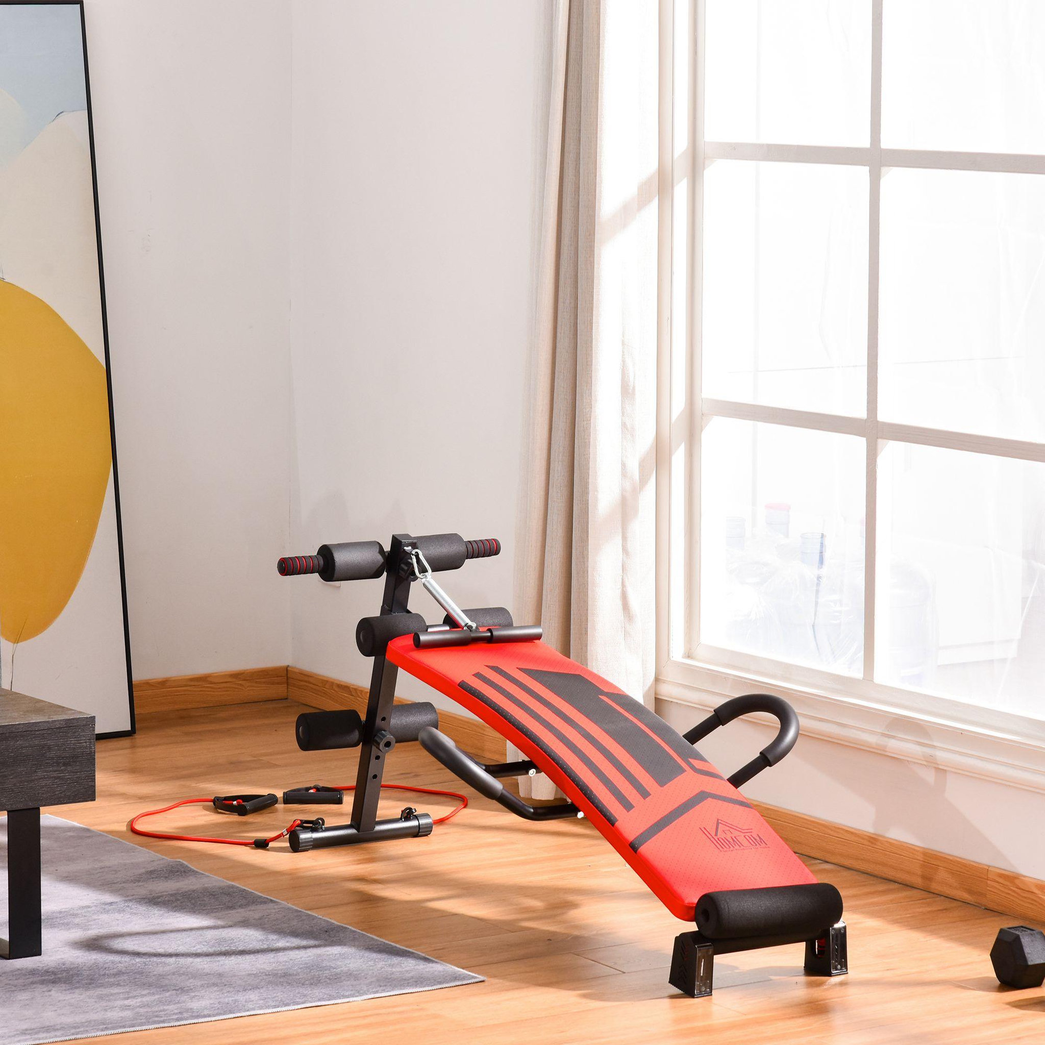 Voir la diapositive 2 : HOMCOM Banc de musculation pliable réglable - 2 bandes de résistance, ressort central traction, 2 poignées - acier PU rouge noir
