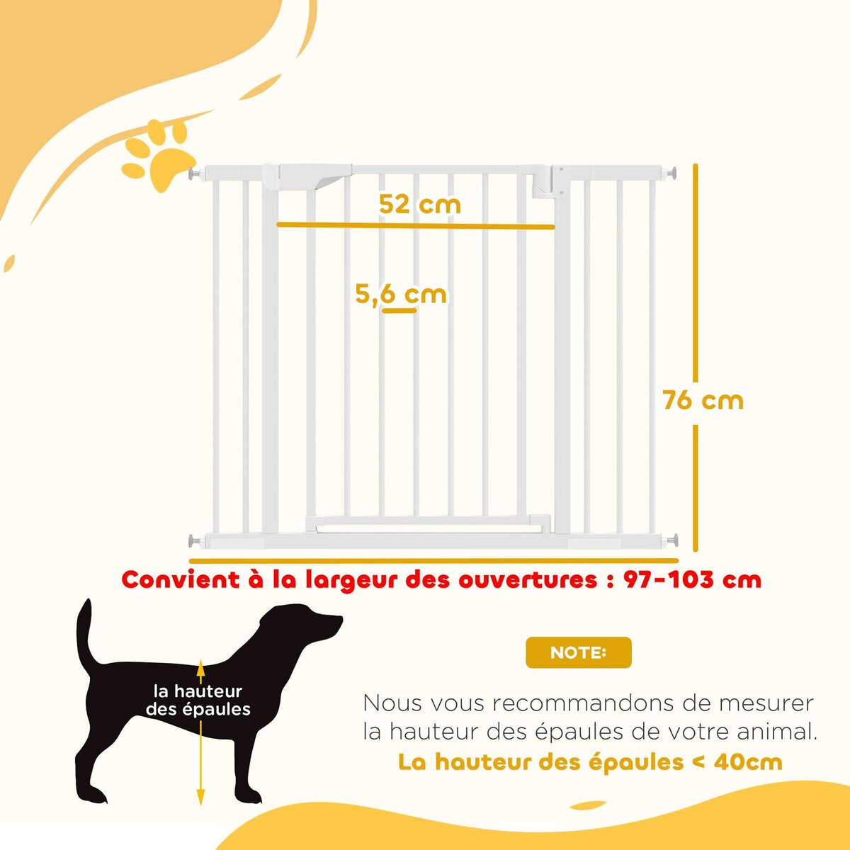 PAWHUT Barrière de sécurité chien largeur réglable 76-103 cm acier blanc