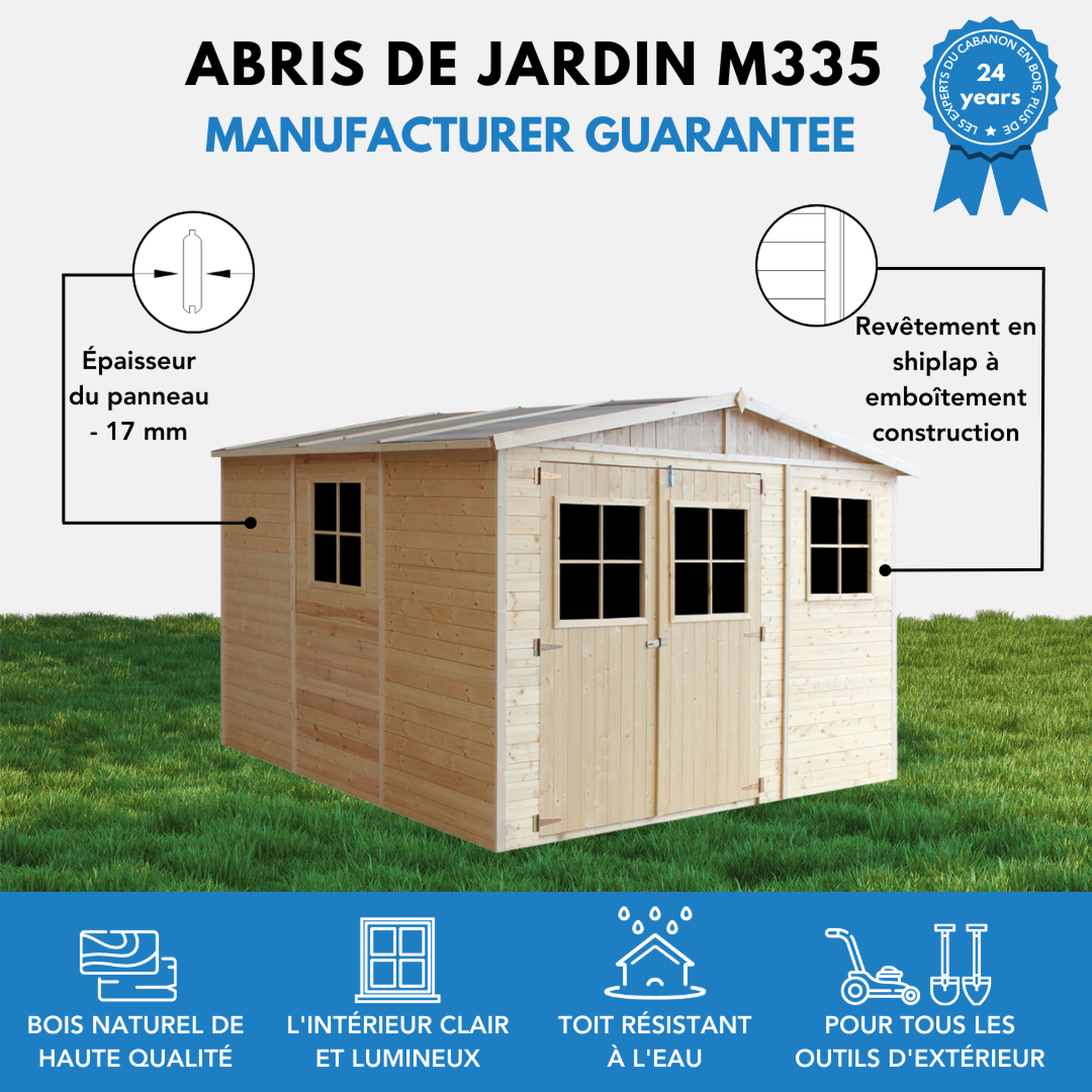 Voir la diapositive 6 : TIMBELA Abride Jardin en Bois avec les planchers imprégné - H226x316x324 cm/9 m² M335+M335G