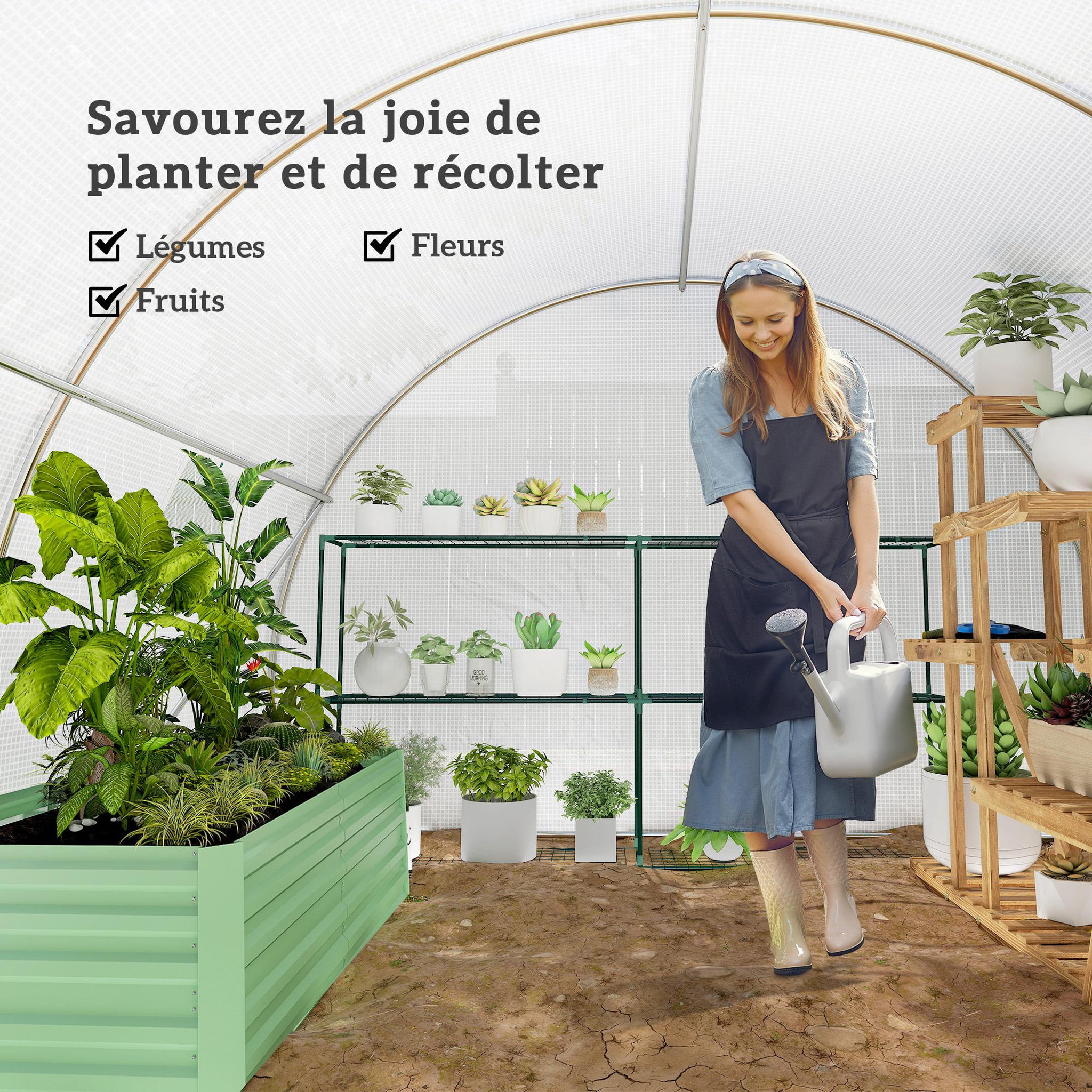 Voir la diapositive 6 : OUTSUNNY Serre tunnel 13,5 m² dim. 4,5 x 3 x 2 m - 6 fenêtres, porte zippée enroulable - acier galvanisé pe haute densité blanc