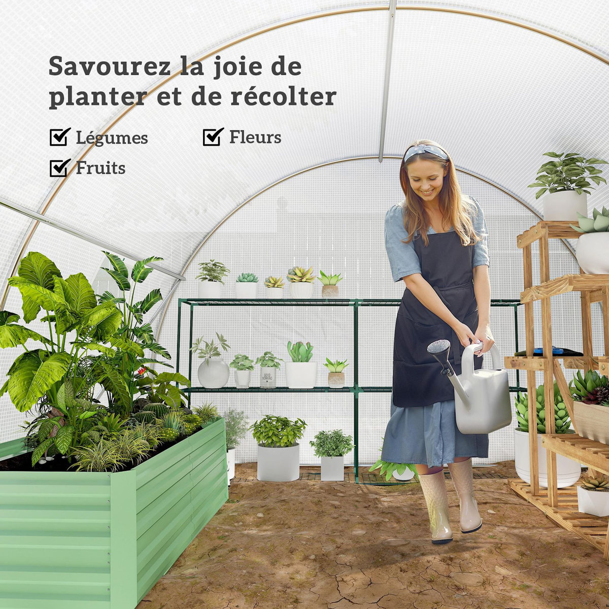 OUTSUNNY Serre tunnel 13,5 m² dim. 4,5 x 3 x 2 m - 6 fenêtres, porte zippée enroulable - acier galvanisé PE haute densité blanc