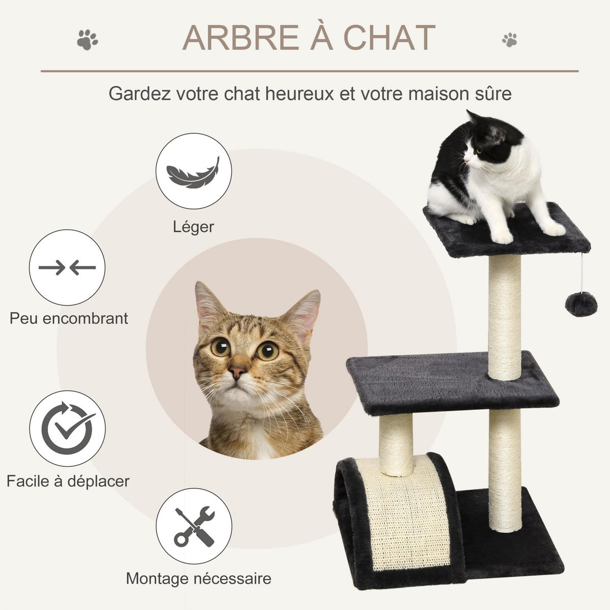 PAWHUT Arbre à chat griffoir grattoir design jeu boule suspendue 2 plateformes peluche sisal naturel gris