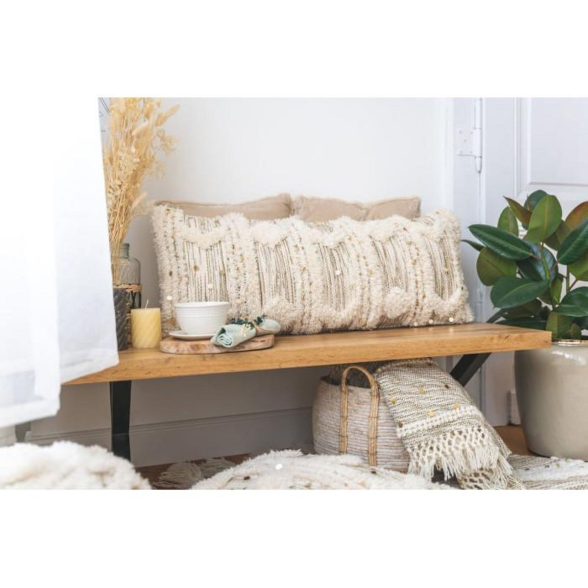 Paris Prix Coussin Tissé à la Main  Bohist  35x95cm Crème & Kaki