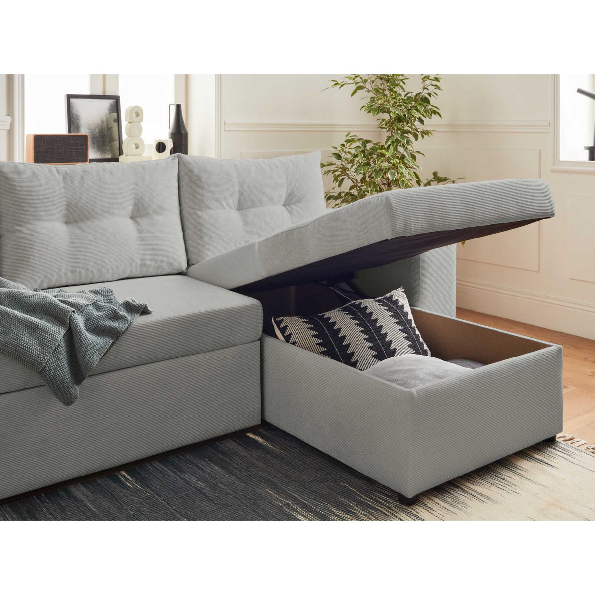 BEST MOBILIER California - canapé d'angle réversible convertible - avec coffre, tablette et poufs - en velours côtelé - 4 places