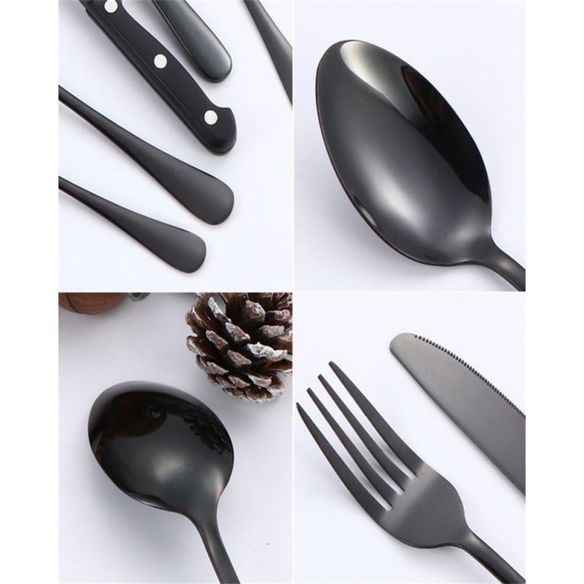 Voir la diapositive 4 : Ensemble de couverts 24 pièces pour 6 personnes en acier inox 304 noir mat, finition antidérapante