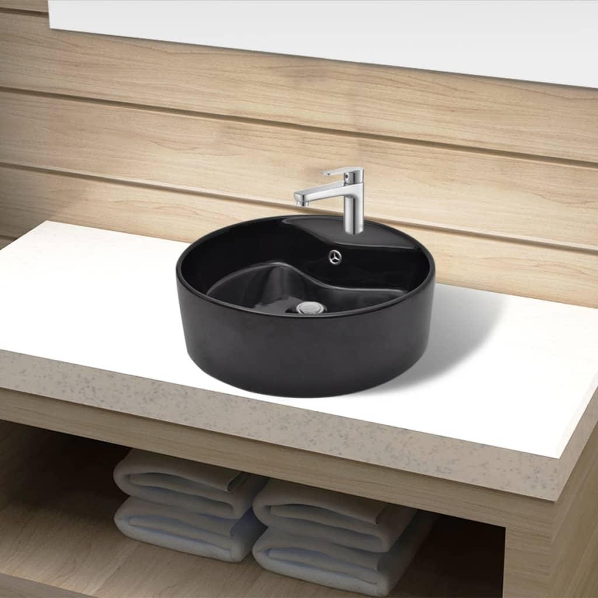 Voir la diapositive 1 : VIDAXL Vasque rond a trou robinet/trop-plein ceramique pour salle de bain