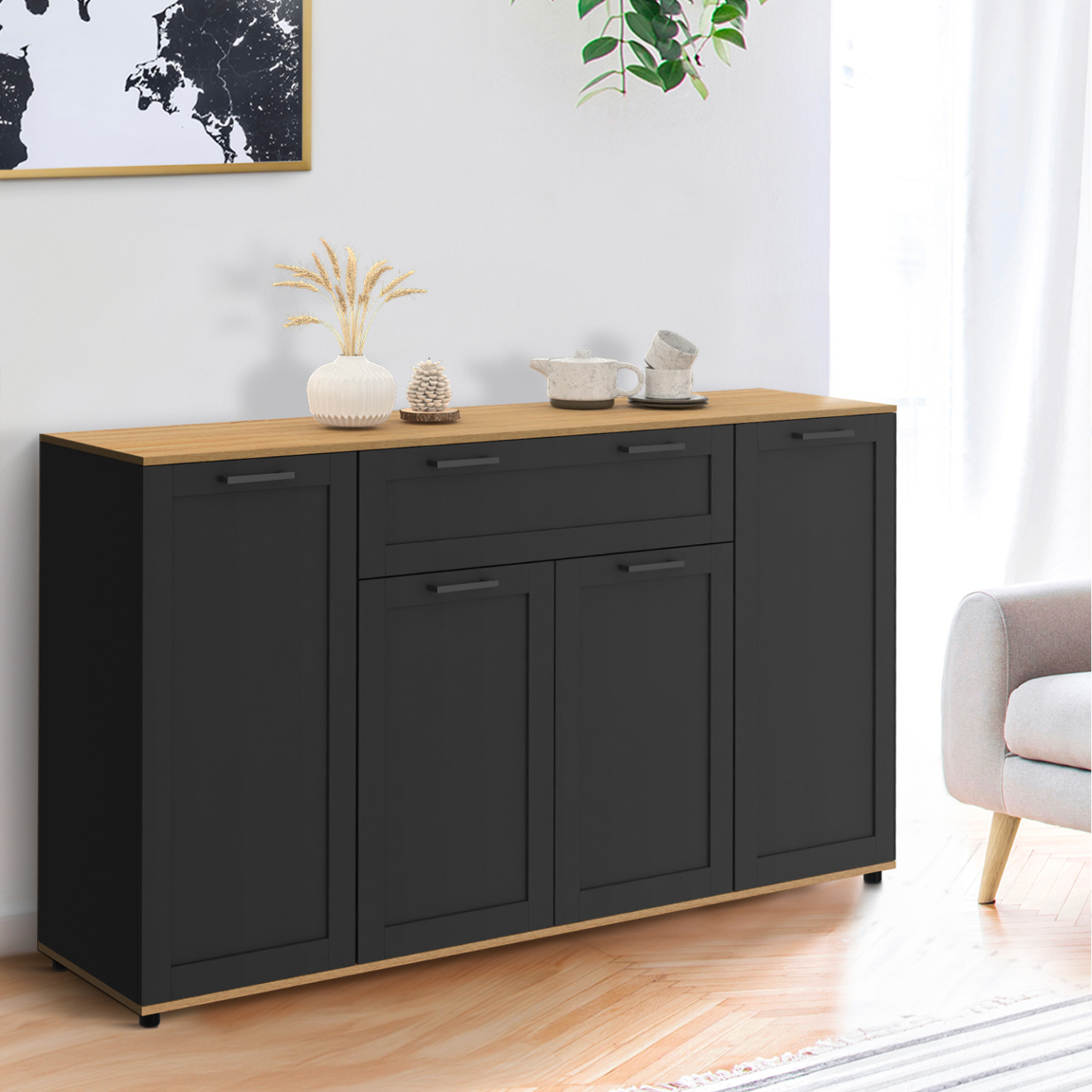 Voir la diapositive 2 : ID MARKET Buffet 140 cm vito 4 portes et 1 tiroir noir et bois
