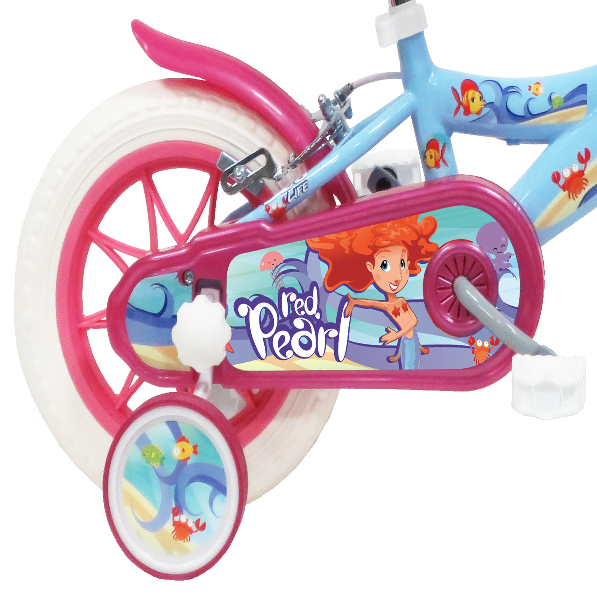 Voir la diapositive 2 : Vélo enfant - Modème 12'' Sea-Life pour enfant de 85/100 cm avec stabilisateurs à molettes - 1 Frein - Panier avant et roue à batons.