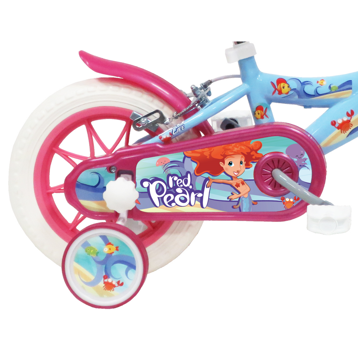 Vélo enfant - Modème 12'' Sea-Life pour enfant de 85/100 cm avec stabilisateurs à molettes - 1 Frein - Panier avant et roue à batons.