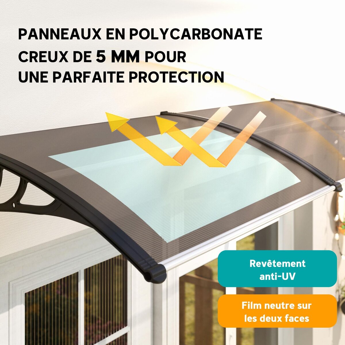 OUTSUNNY Auvent marquise de porte design voûté arrondi dim. 195L x 80l x 23H cm polycarbonate plastique