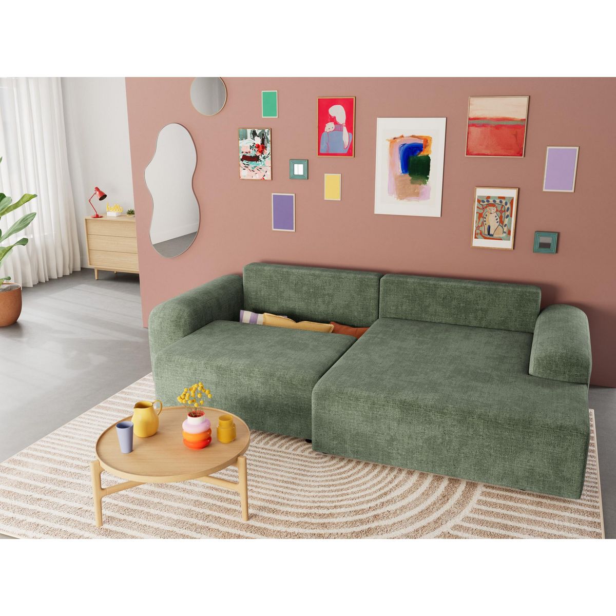 BEST MOBILIER Rebecca - canapé d'angle droit 4 places convertible avec coffre en velours texturé